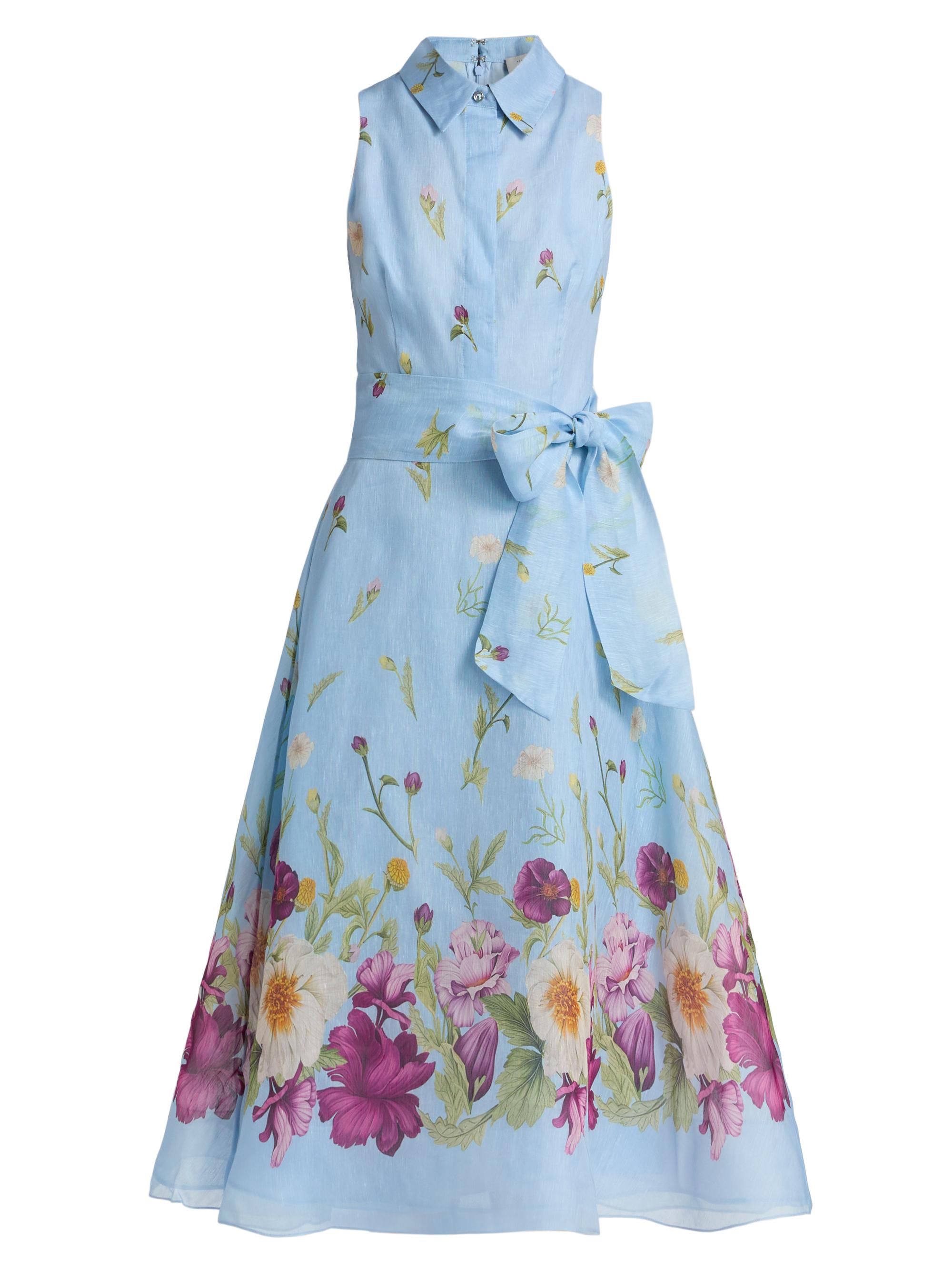 Teri Jon by Rickie Freeman Women's Floral Silk-Linen Fit & Flare Midi-Dress - Light Blue Multi