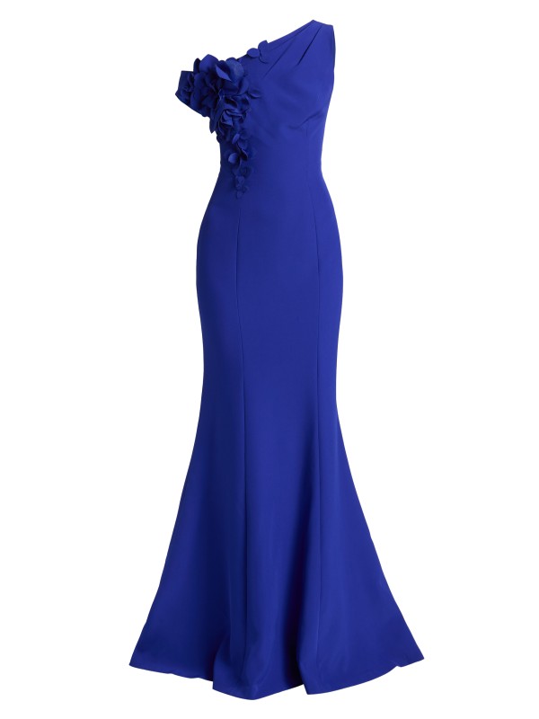 teri jon blue dress Off-The-Shoulder Metallic Jacquard Gown - Navy Approximately 58 inches Teri Jon Tea Length Embroidered