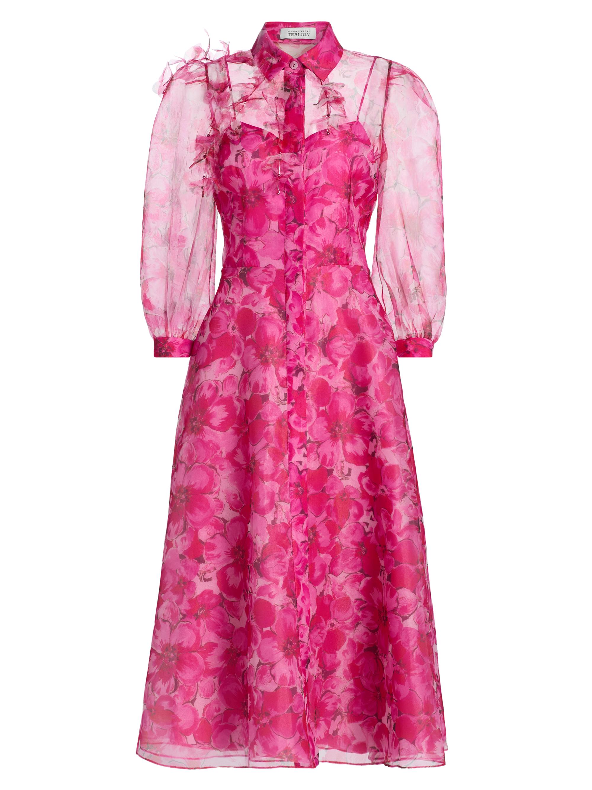 Teri Jon by Rickie Freeman Women's Floral Illusion Midi-Shirtdress - Fuchsia Multi