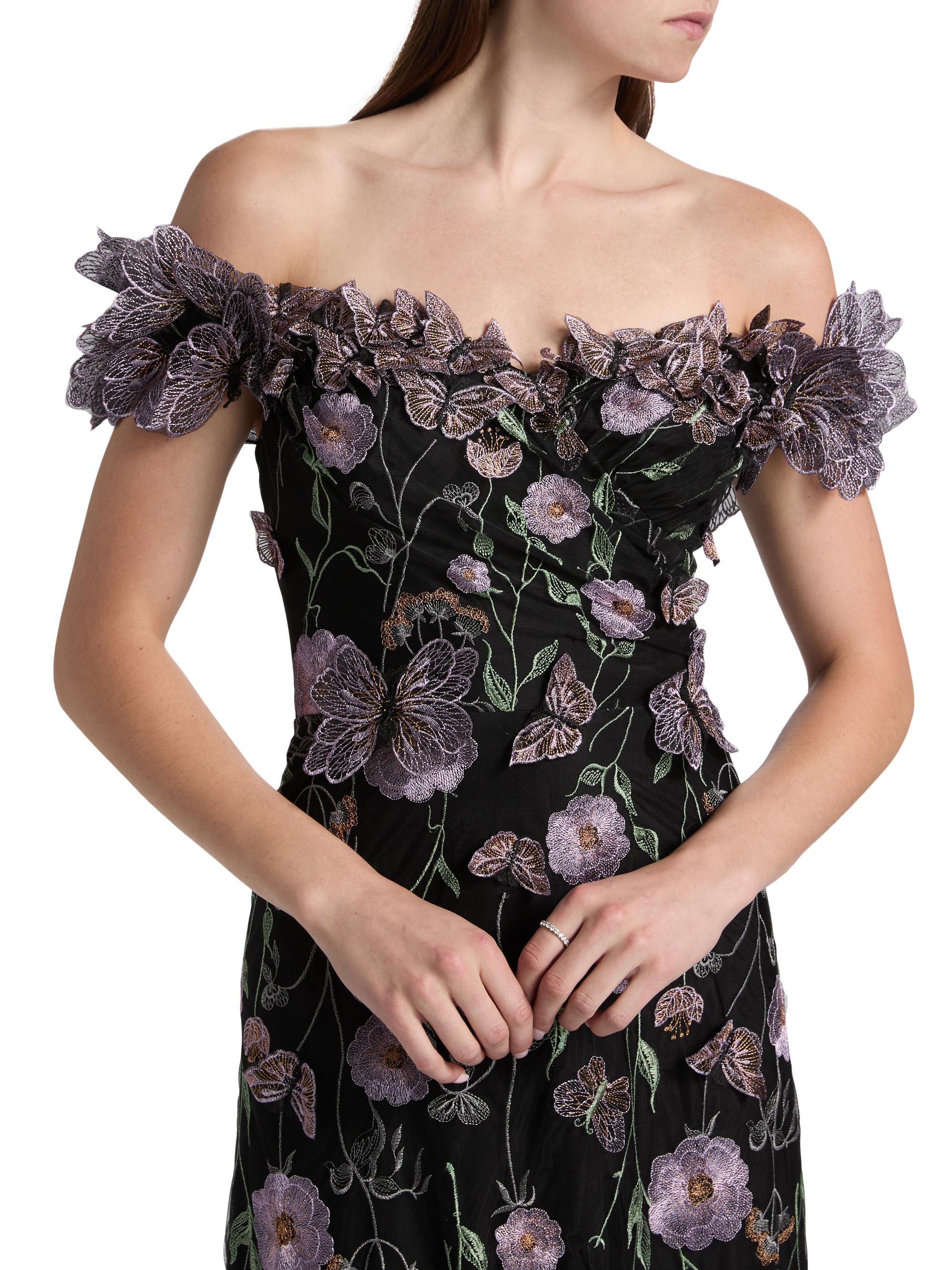 teri jon by rickie freeman floral embroidered off-the-shoulder dress Teri Jon by Rickie Freeman Women's Butterfly Appliqu Lace-Tulle Off-The-Shoulder Gown - Navy