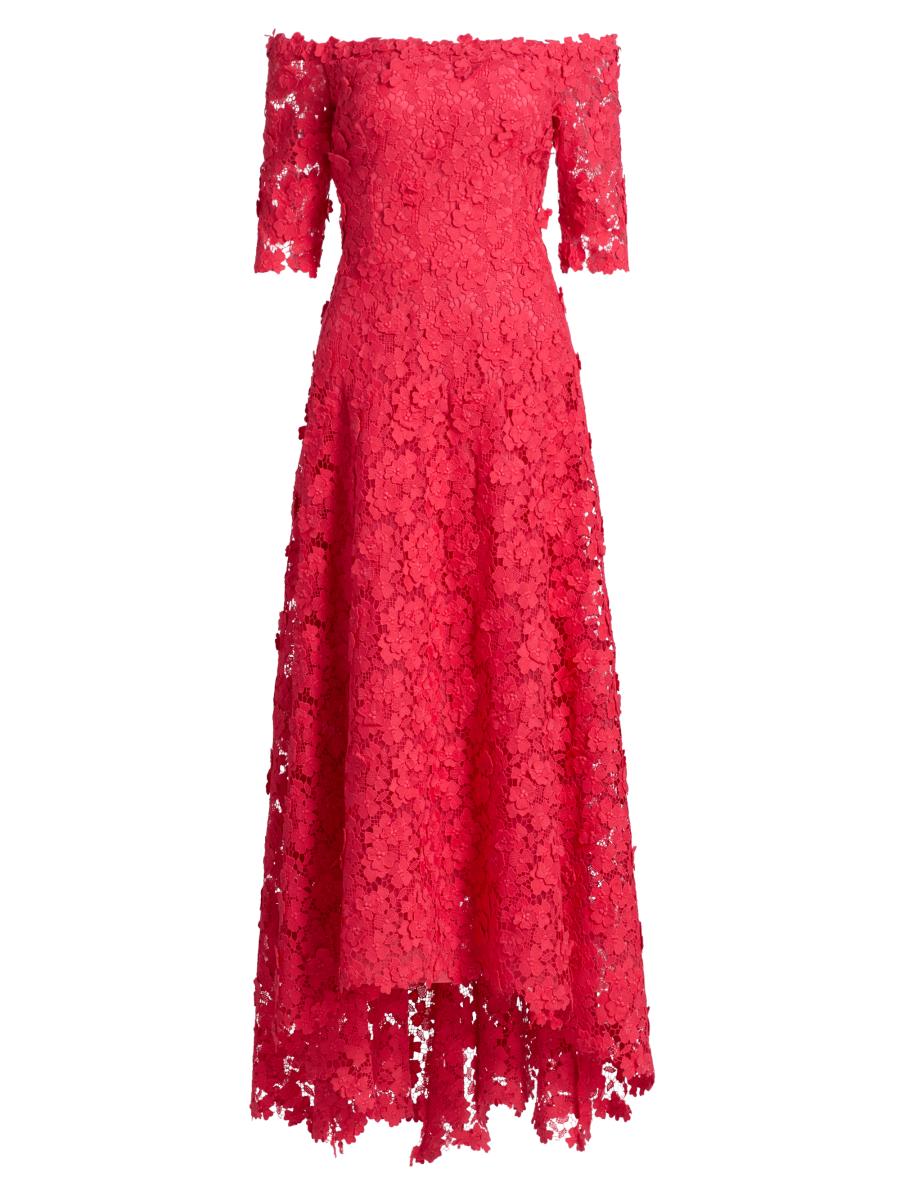 Teri Jon 3D Flower Lace Off Shoulder High Low Gown - Tomato - 4