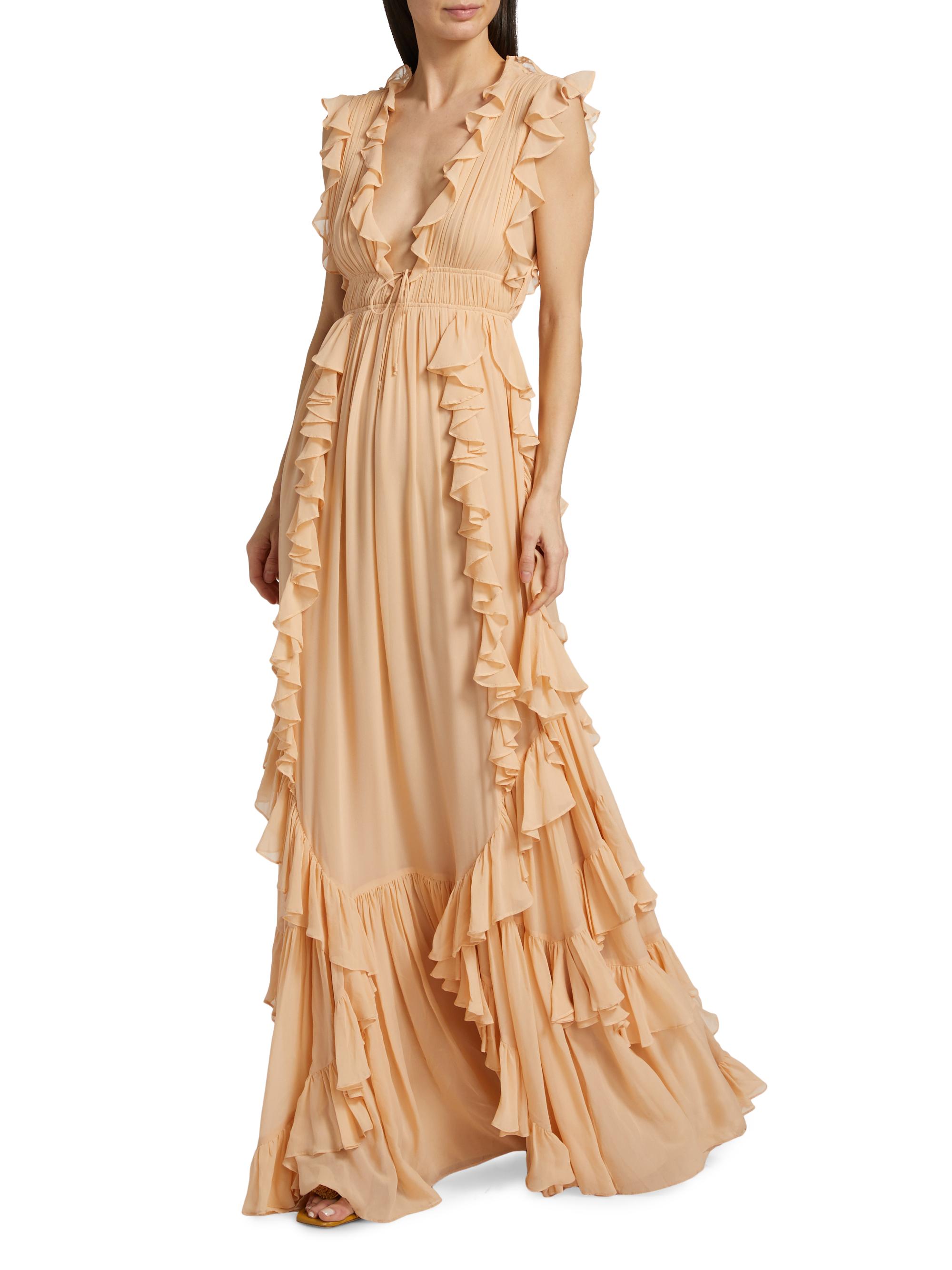 Ulla Johnson | Women's Florella Wedding Guest Gown in Pink Printed Sleeveless Silk Gown with Ruffles - Size 2