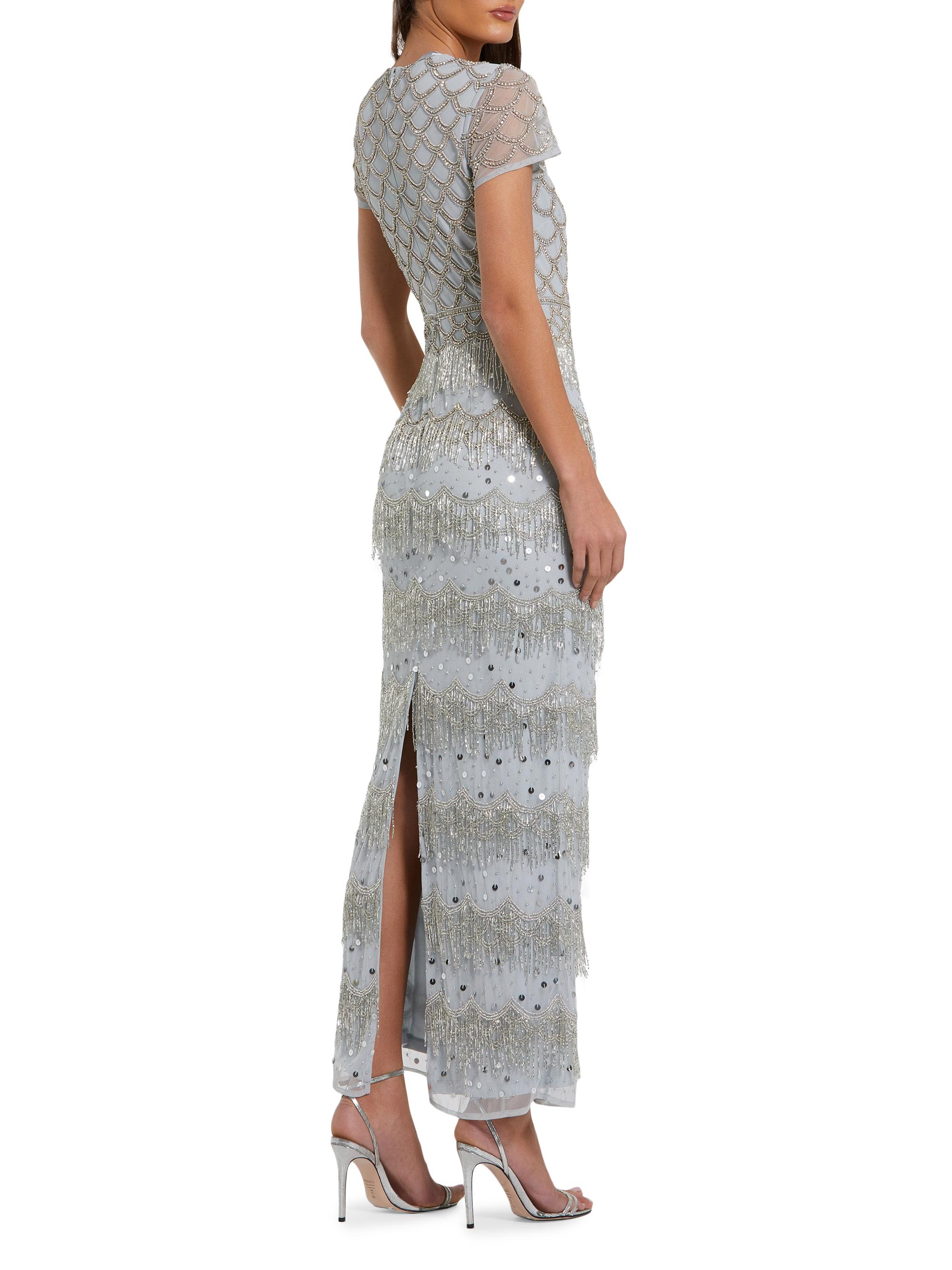 Mac Duggal - Blue Cap Sleeve Embellished Fringe Maxi Dress - Seafoam / US 12