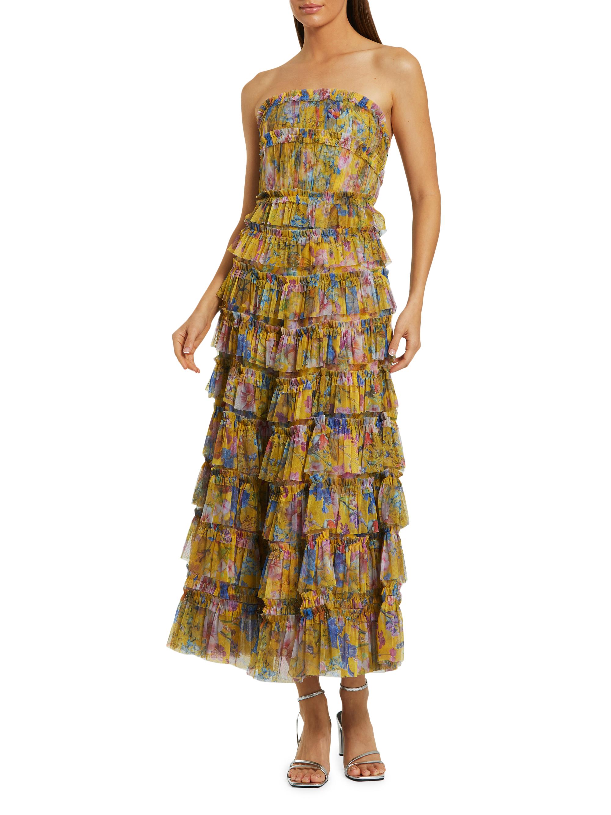 Mac Duggal Women's Cocktail Floral Tiered Strapless Maxi-Dress - Yellow Multi