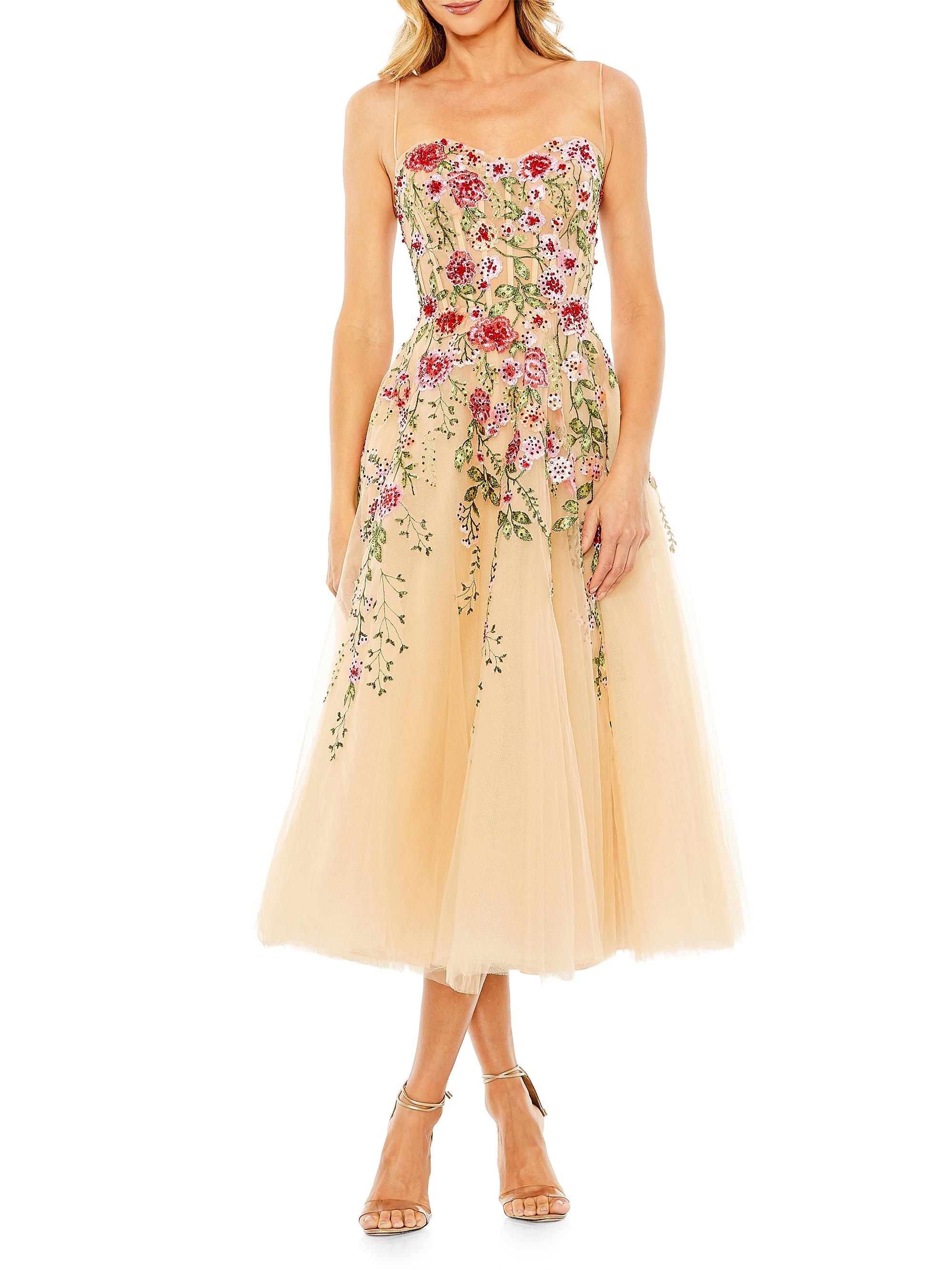 Mac Duggal Women's Cocktail Floral Embroidered Tulle Midi-Dress - Beige Multi