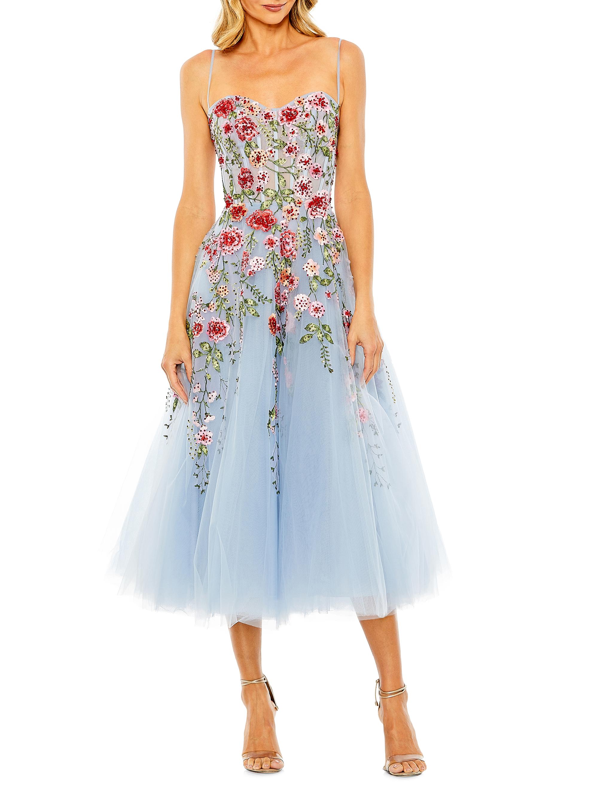Cocktail Floral Embroidered Tulle Midi-Dress