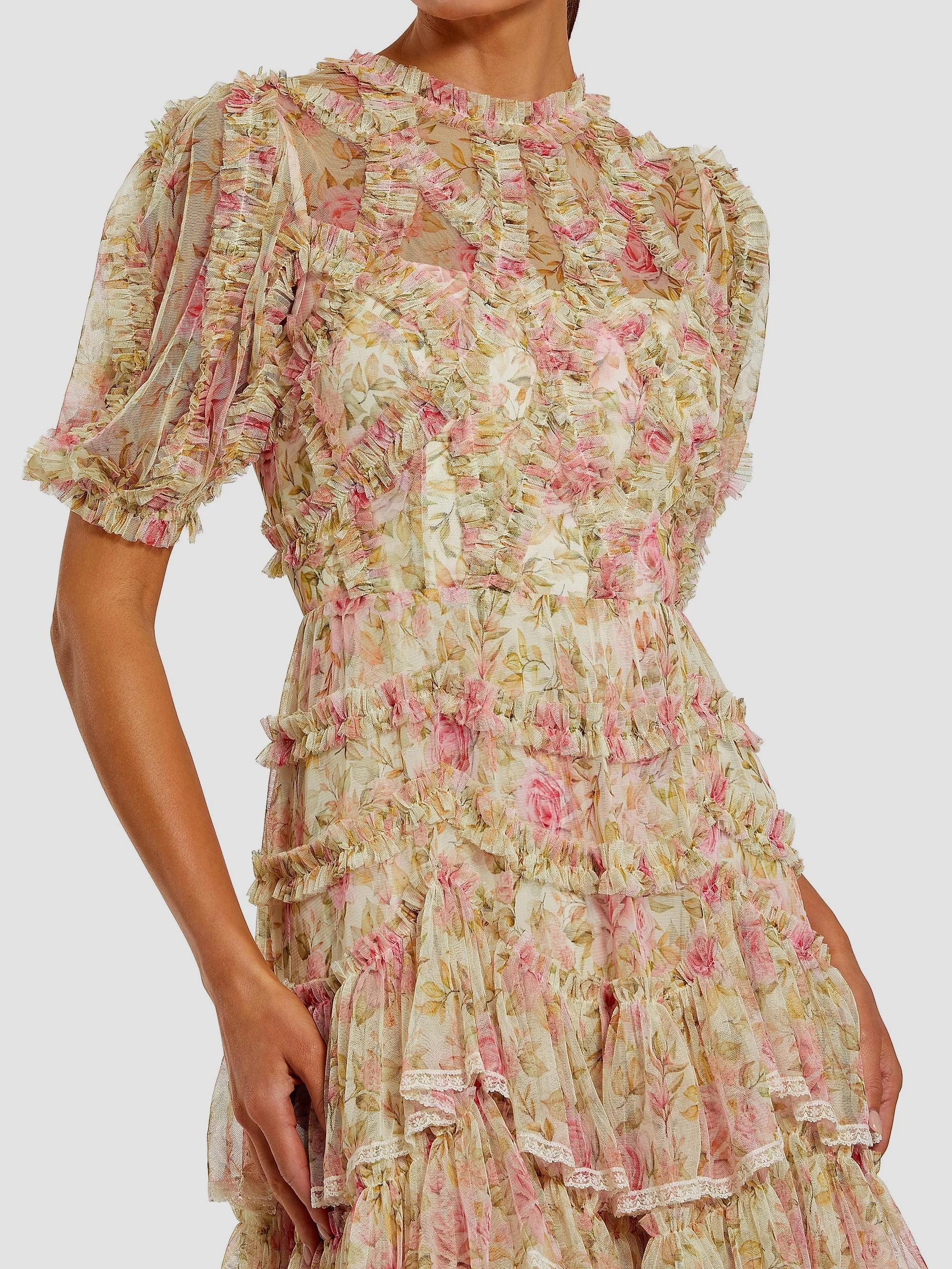 Beige Lace Trim Printed Mesh High Neck Midi Dress
