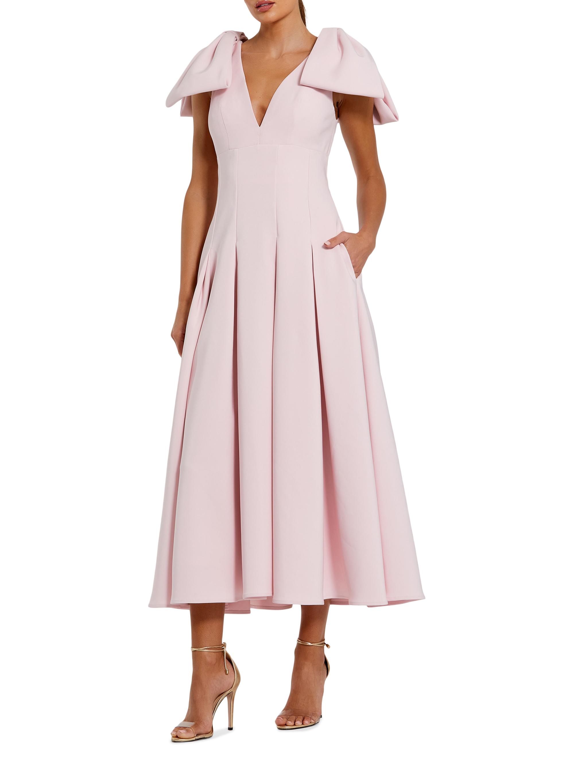 slim fit dress slacks Green Crepe Fitted Midi Dress With Bow And Beaded Trim main image 1
