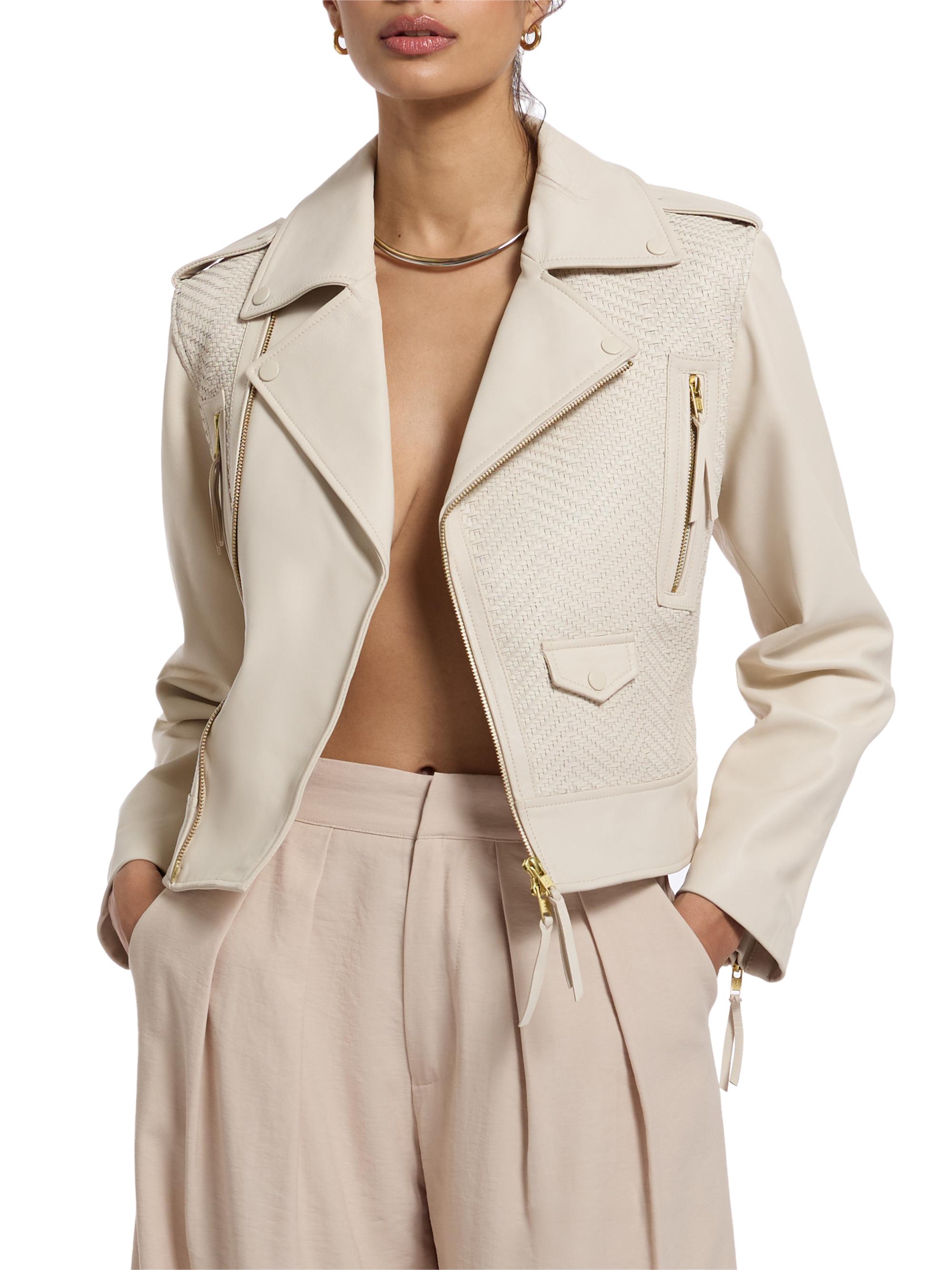 Robert Graham Women's Clara Chevron-Woven Leather Moto Jacket - Cream