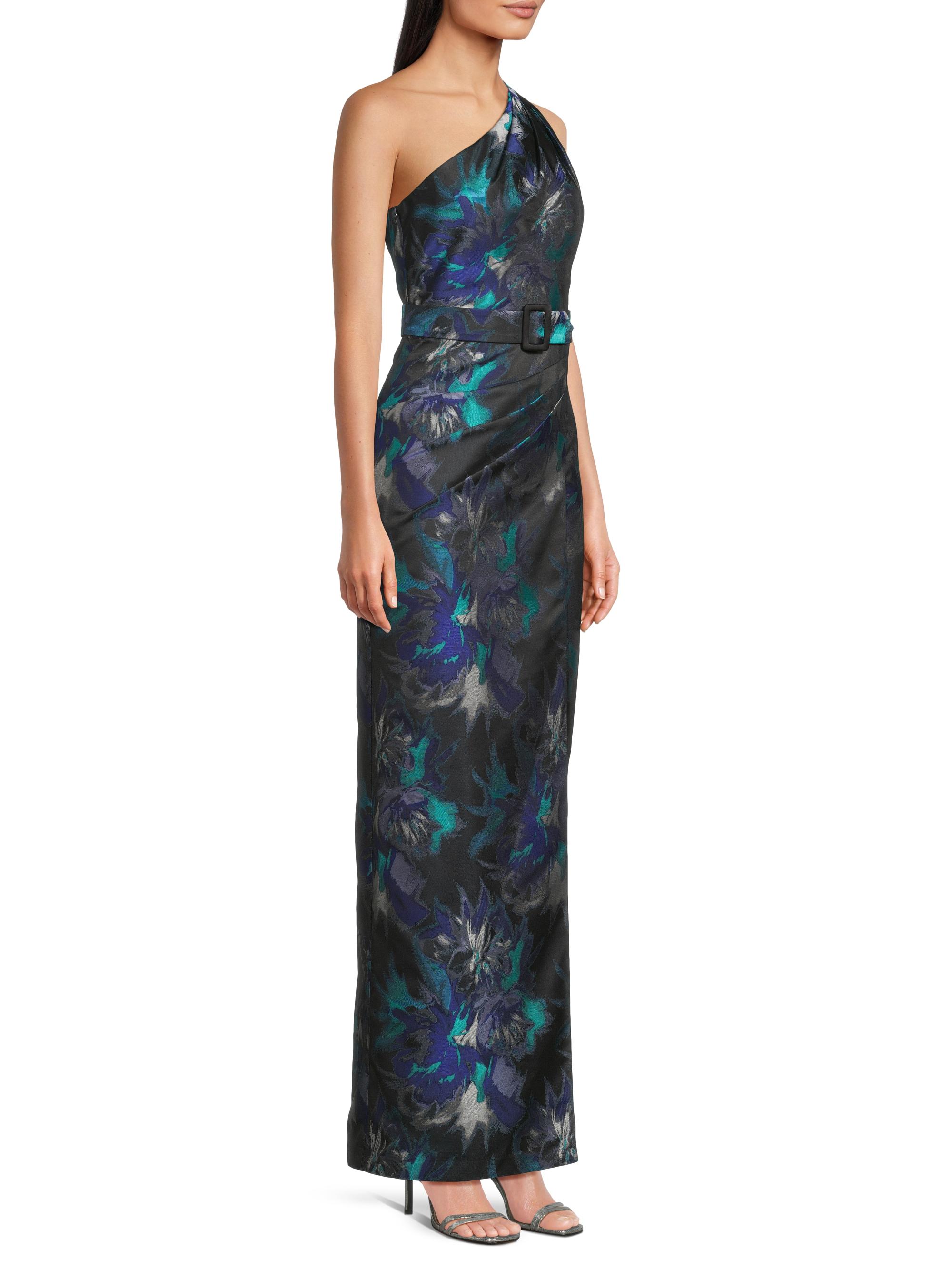 one19アンタレス One Shoulder Floral Jacquard Belted Gown In Blue Multi - Adrianna