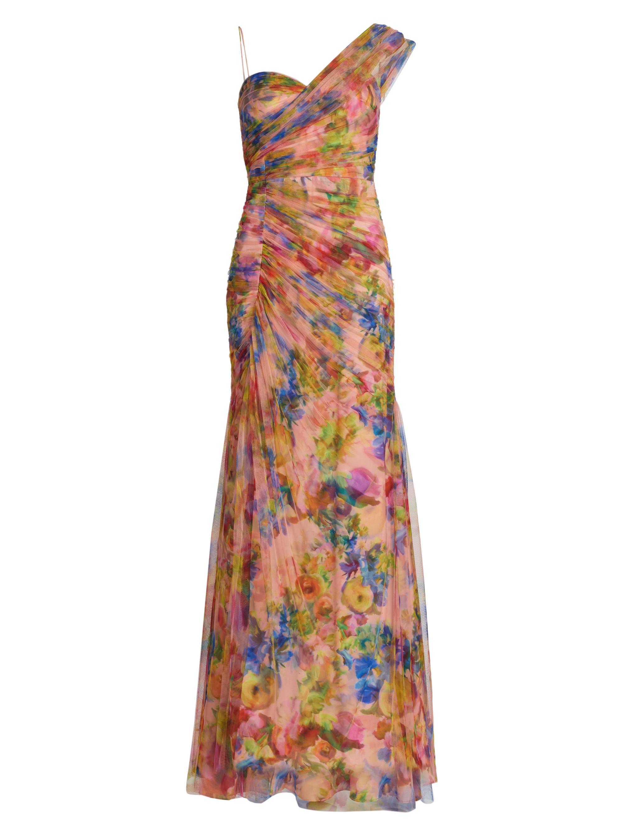 Theia Women's Macie Watercolor Floral Tulle One-Shoulder Gown - Abundant Blooms
