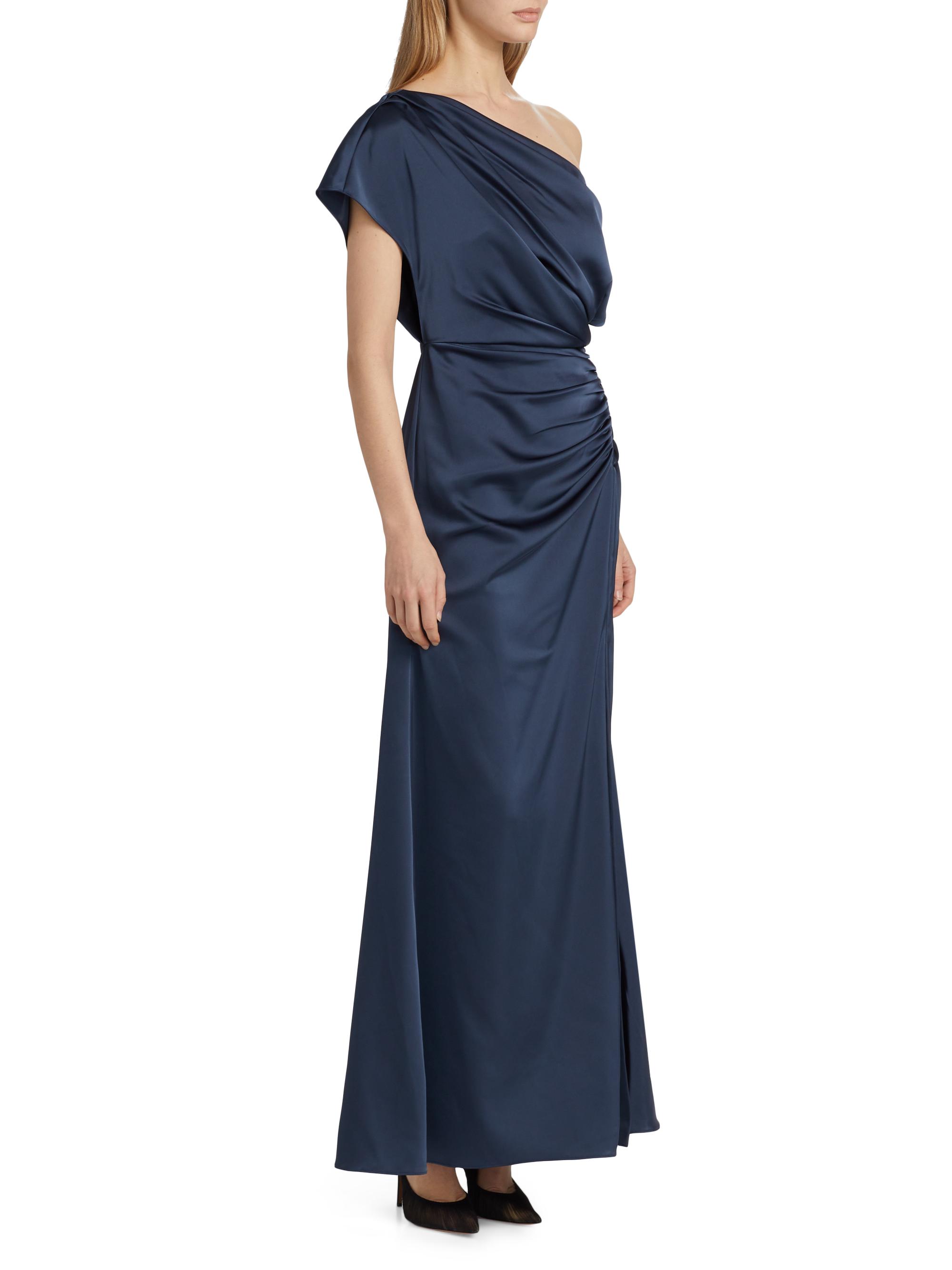 Theia Kacey Ruched Asymmetrical Gown