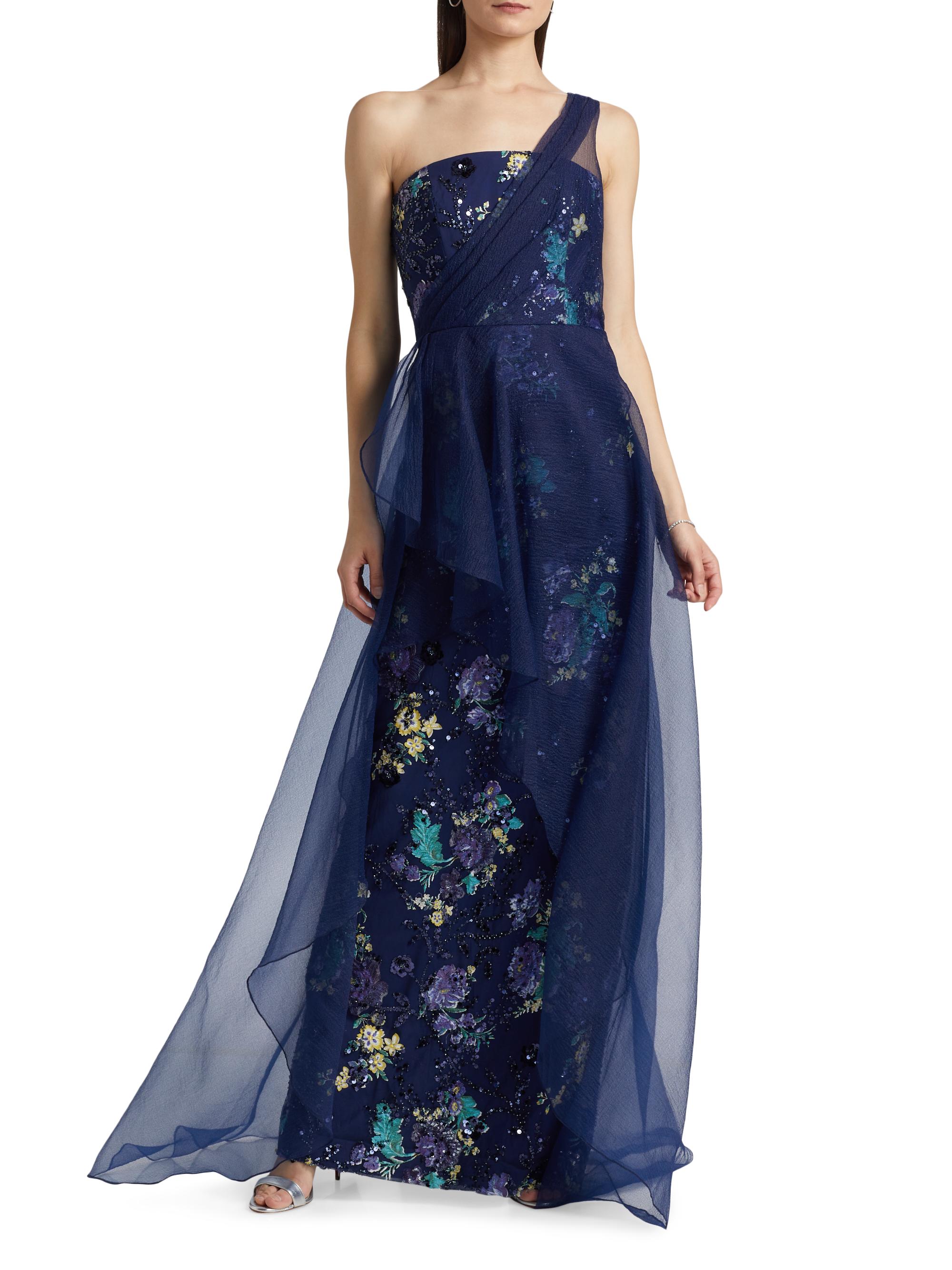 Theia Noemi Floral One-Shoulder Column Gown | Saks Fifth Avenue