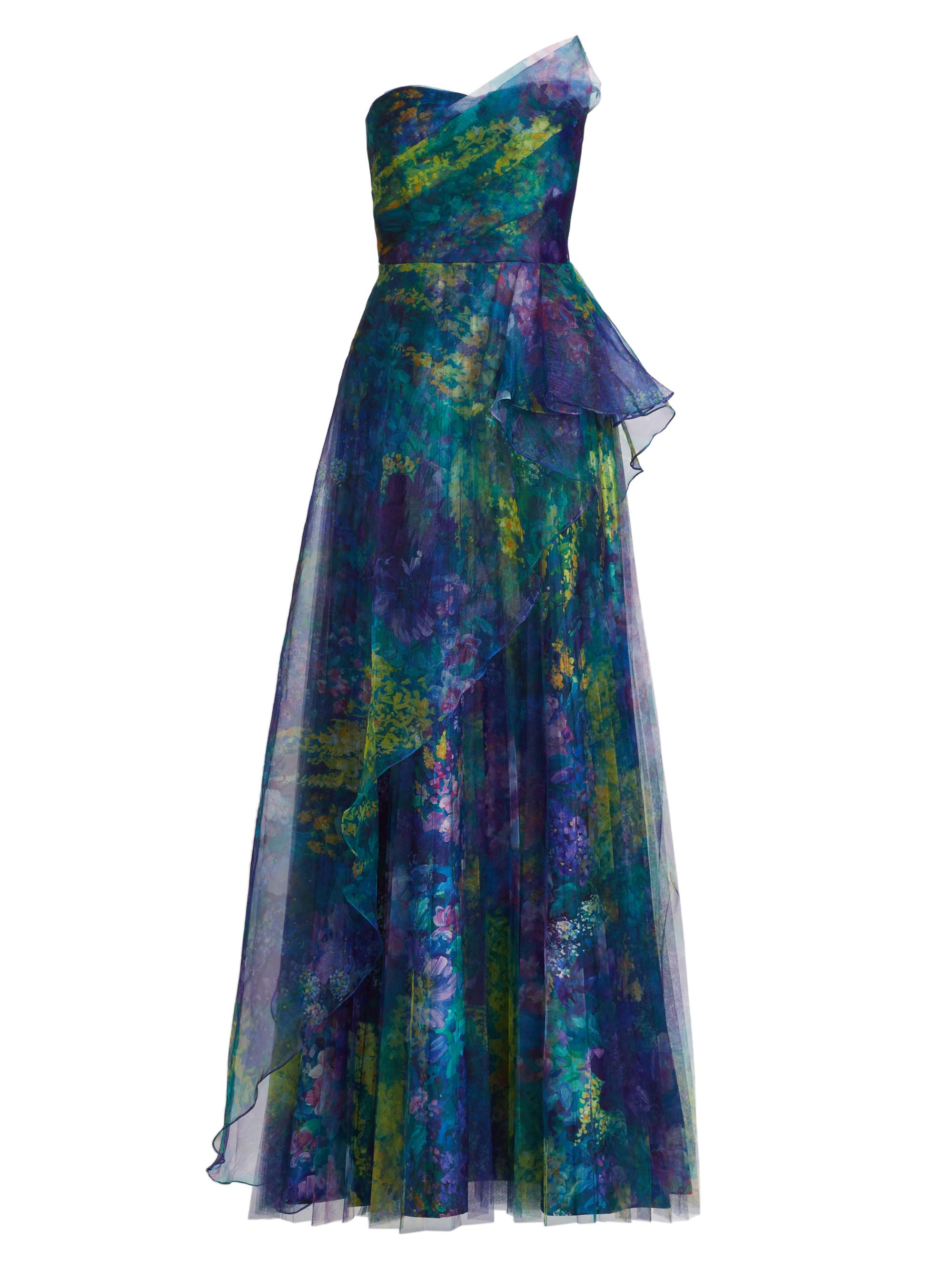 Theia Women's Tayla Asymmetric Organza Strapless Gown - Enchanted Botanica