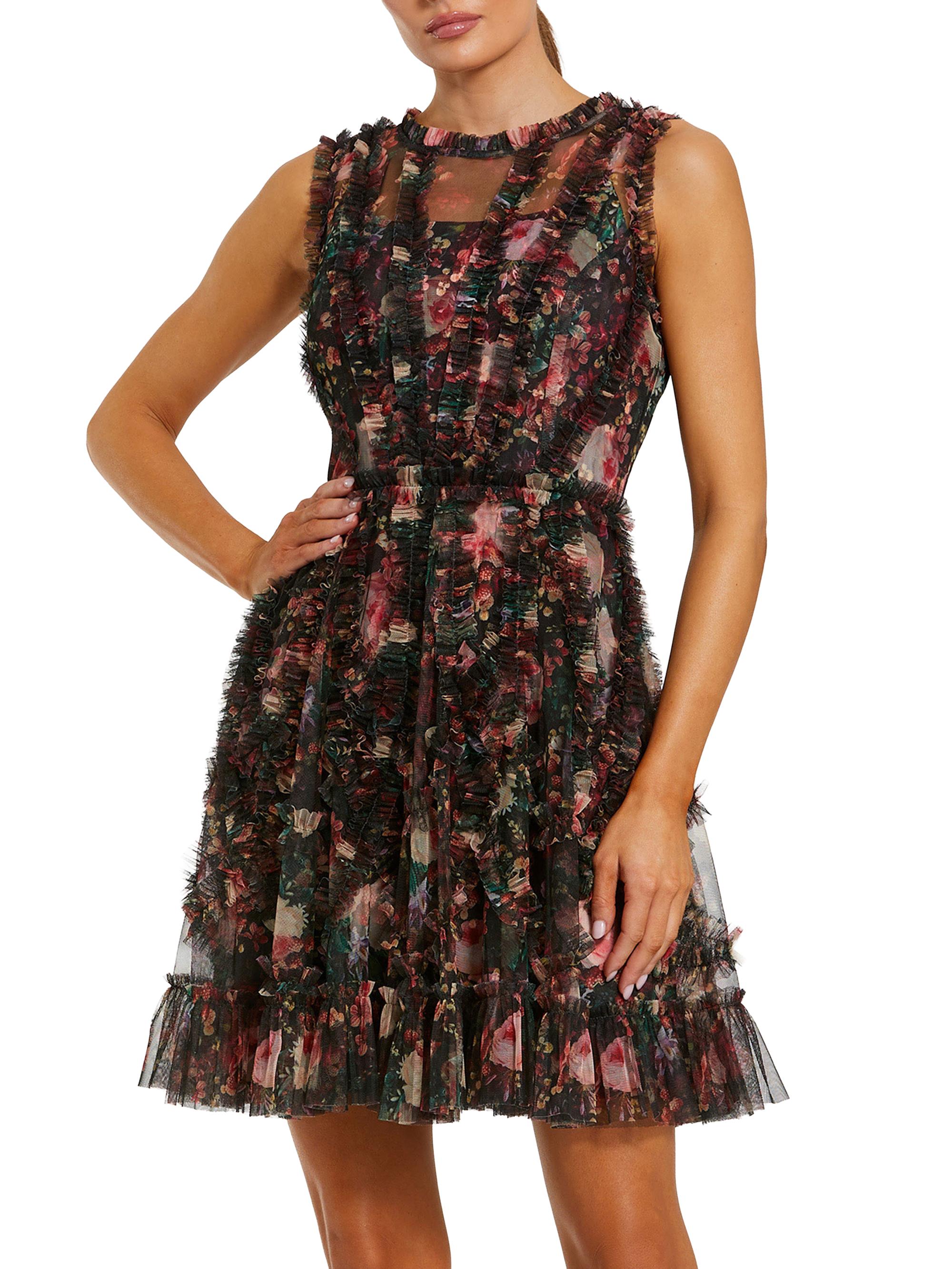 Mac Duggal Women's Floral Micro Ruffle Minidress - Black Multi