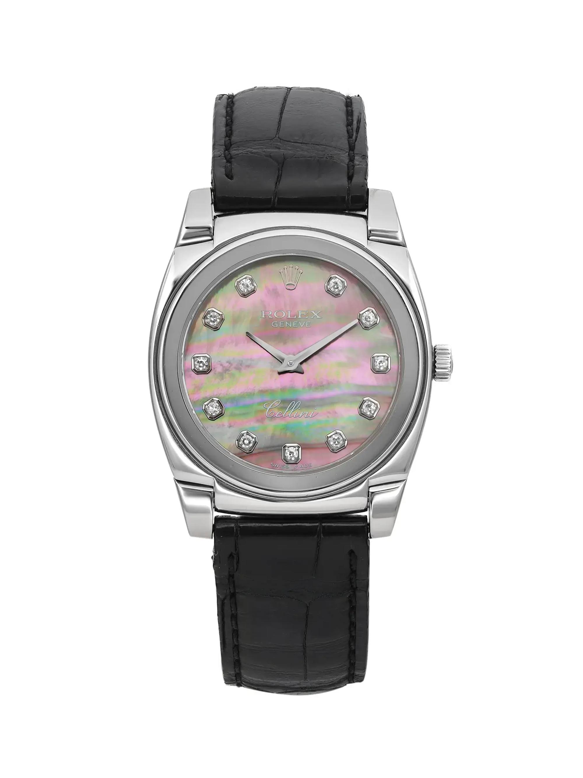 Rolex Men's Pre-Owned  Cellini Cestello 18K White Gold MOP Diamond Dial Unisex Watch - Silver