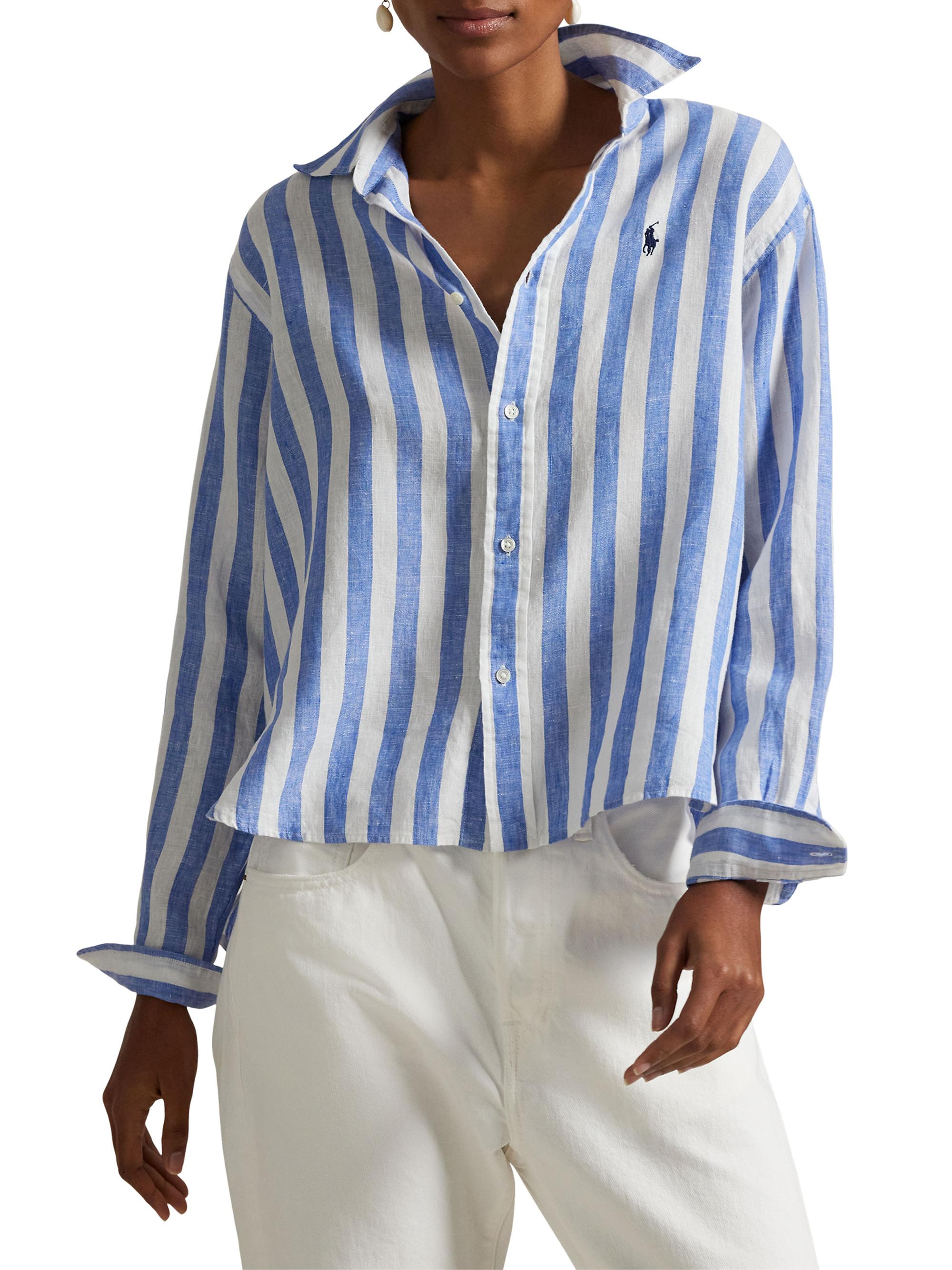 Polo Ralph Lauren Women's Wide Crop Striped Linen Shirt - Blue White
