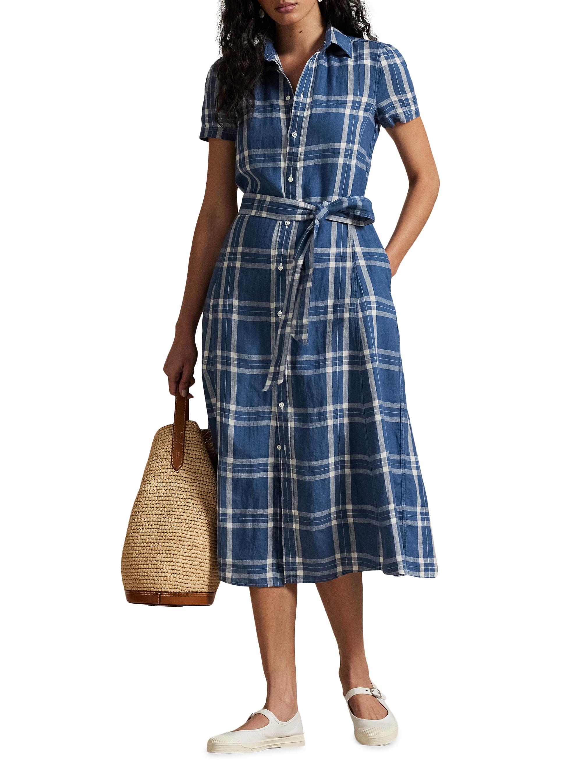 Polo Ralph Lauren Plaid Linen Tie-Waist Midi-Shirtdress | Saks