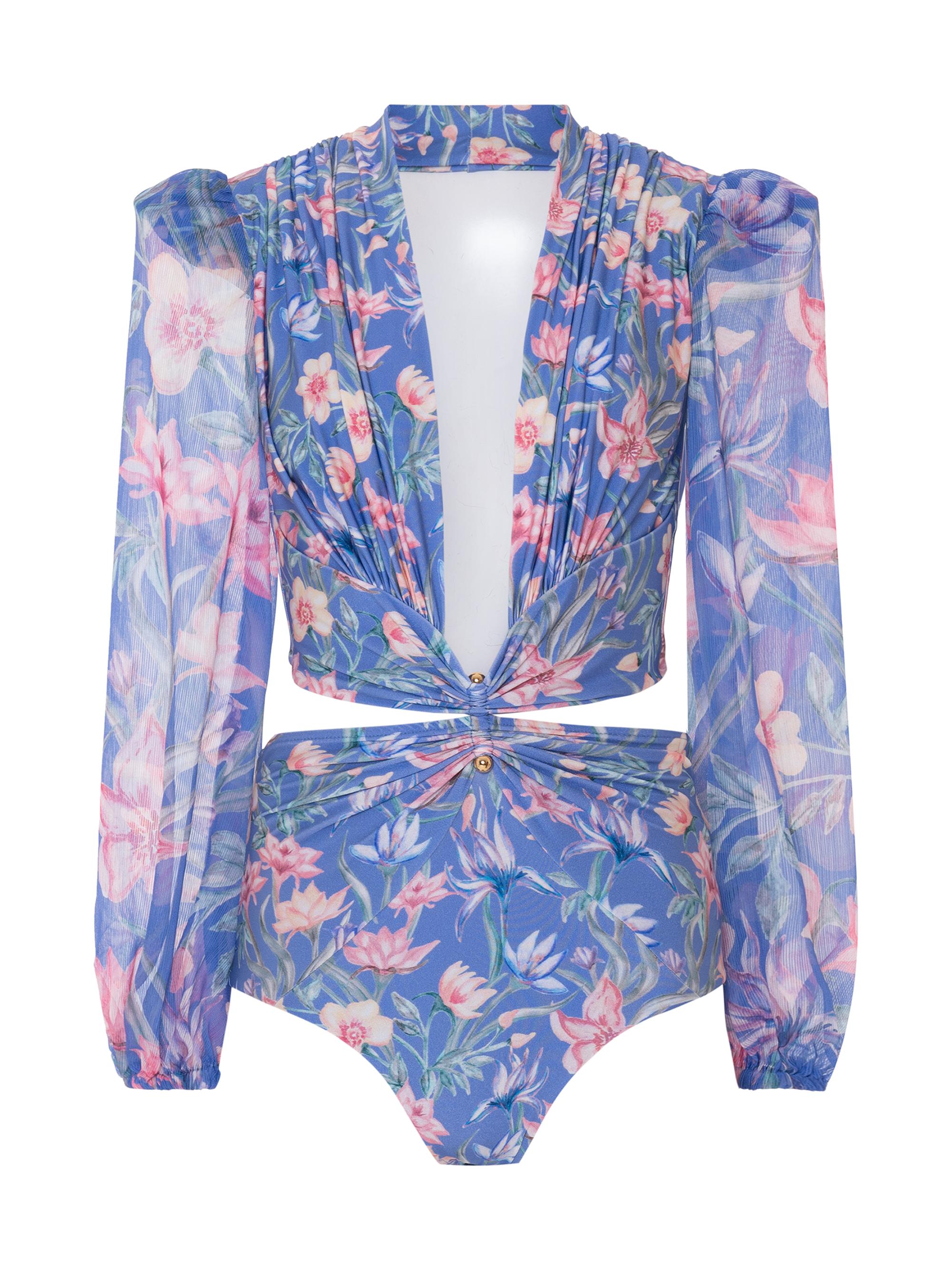 PatBO Women's Amaryllis Floral Long Sleeve One-Piece Swimsuit - Blue