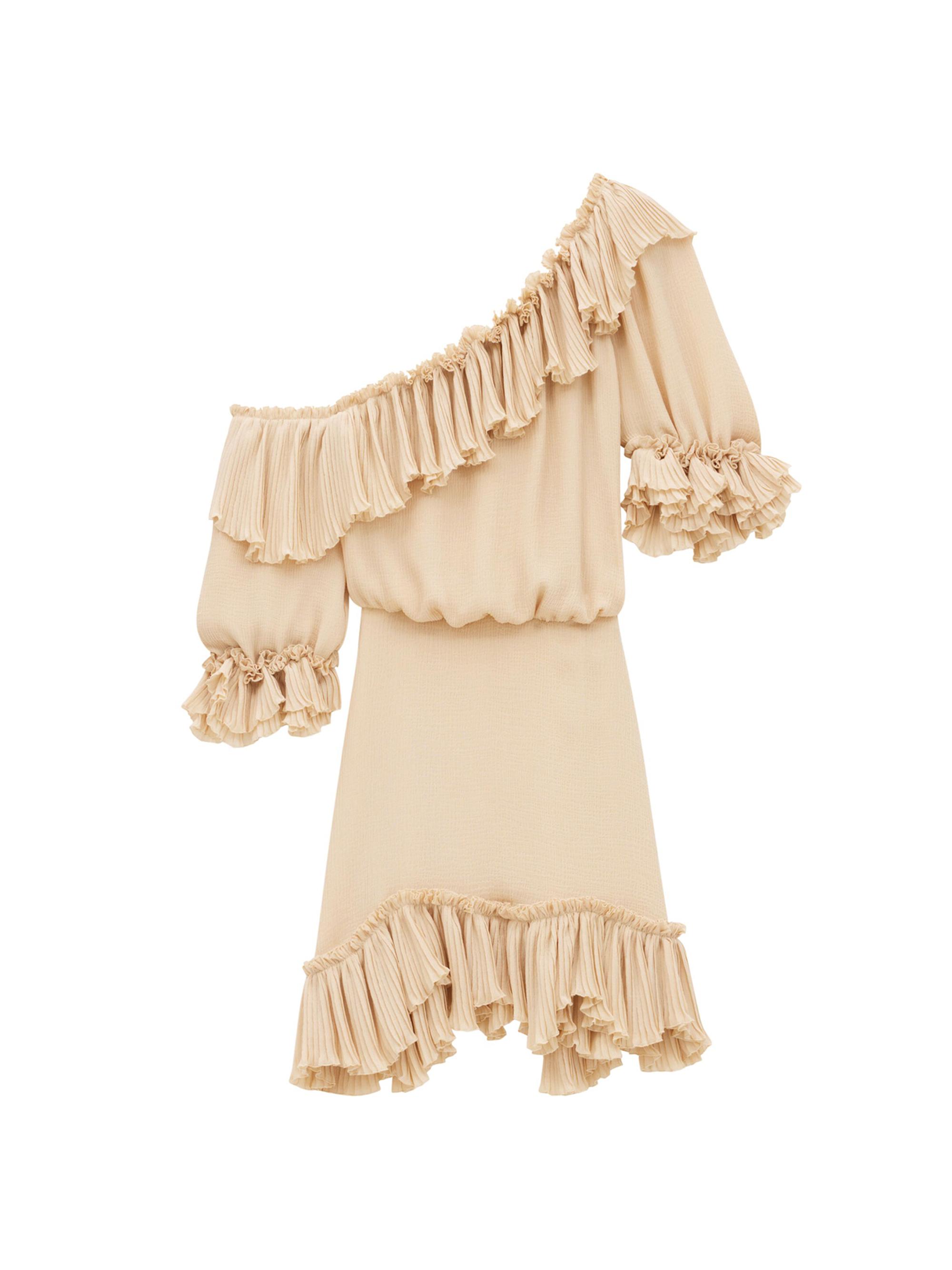 Saint Laurent Women's Ruffled Dress in Silk Crepon Muslin - Beige
