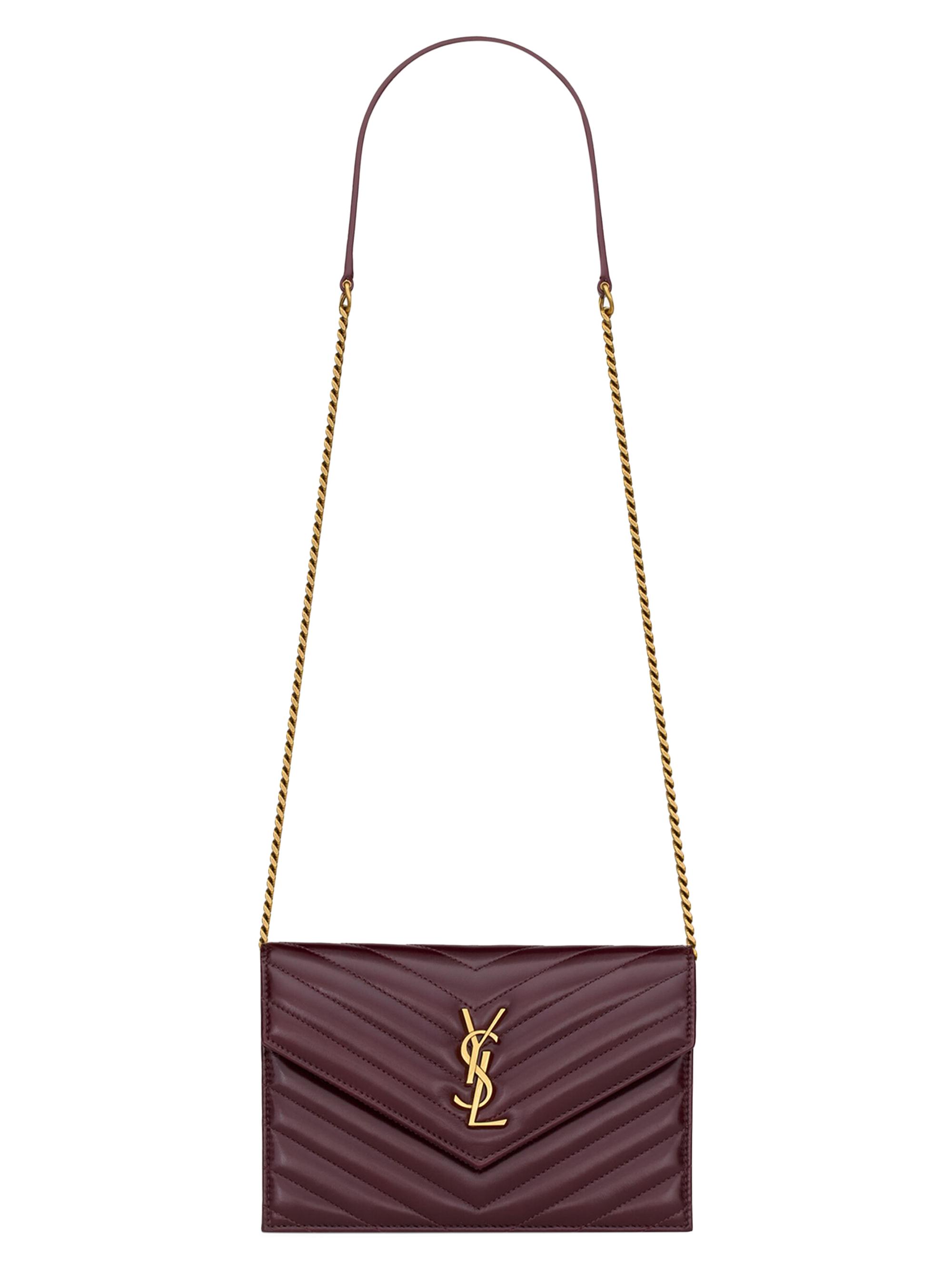 Saint Laurent Women's Cassandre Envelope Chain Wallet in Shiny Leather - Bloody Drink