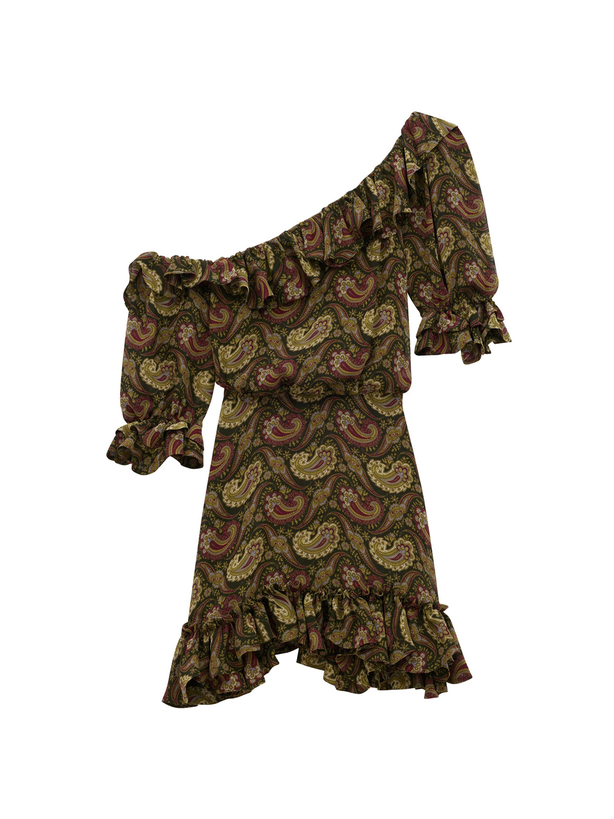 Saint Laurent Women's Ruffled Dress in Paisley Muslin - Vert Bordeaux