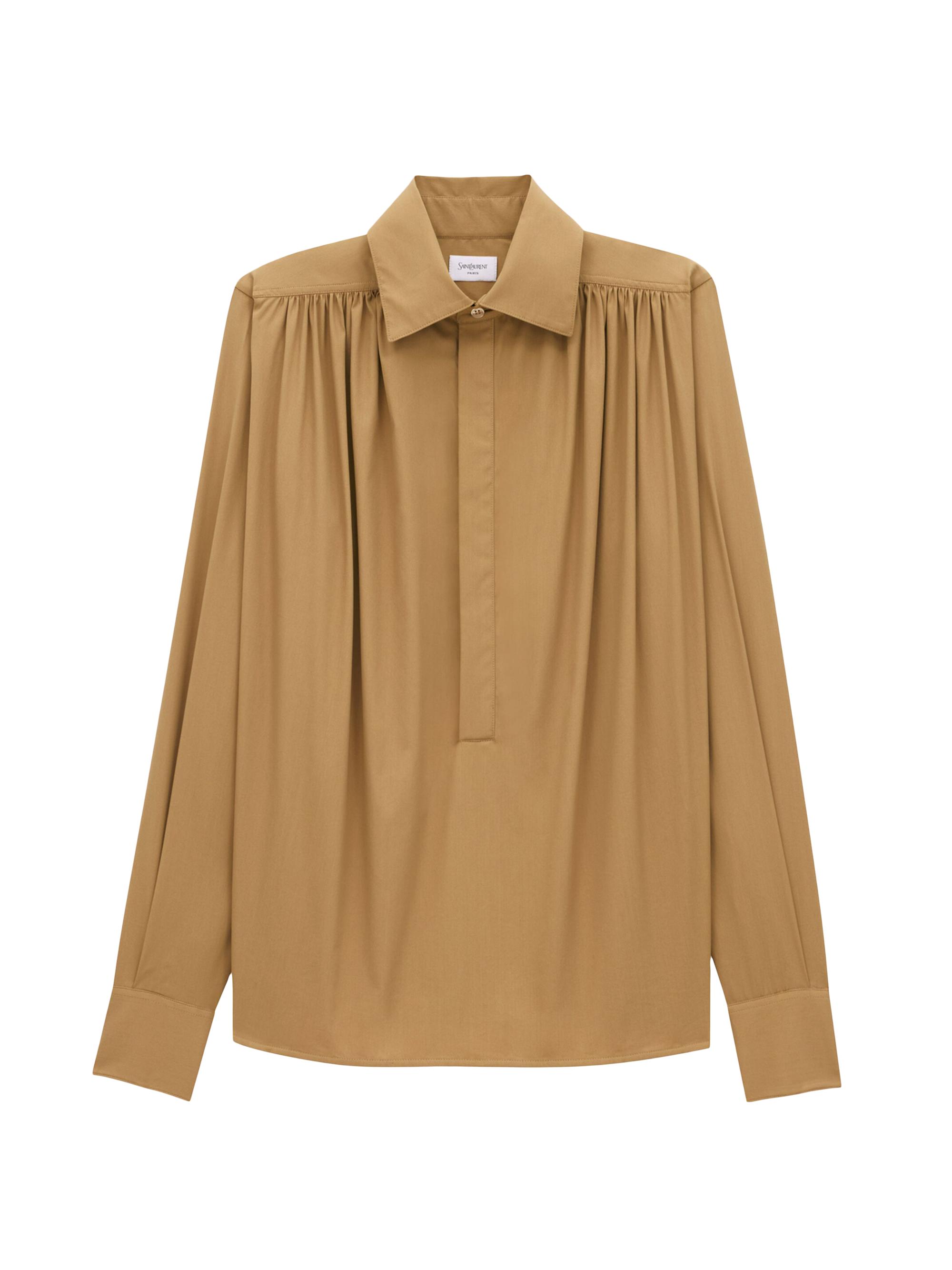 Saint Laurent Women's Gathered Blouse in Cotton Sateen - Beige Fonce