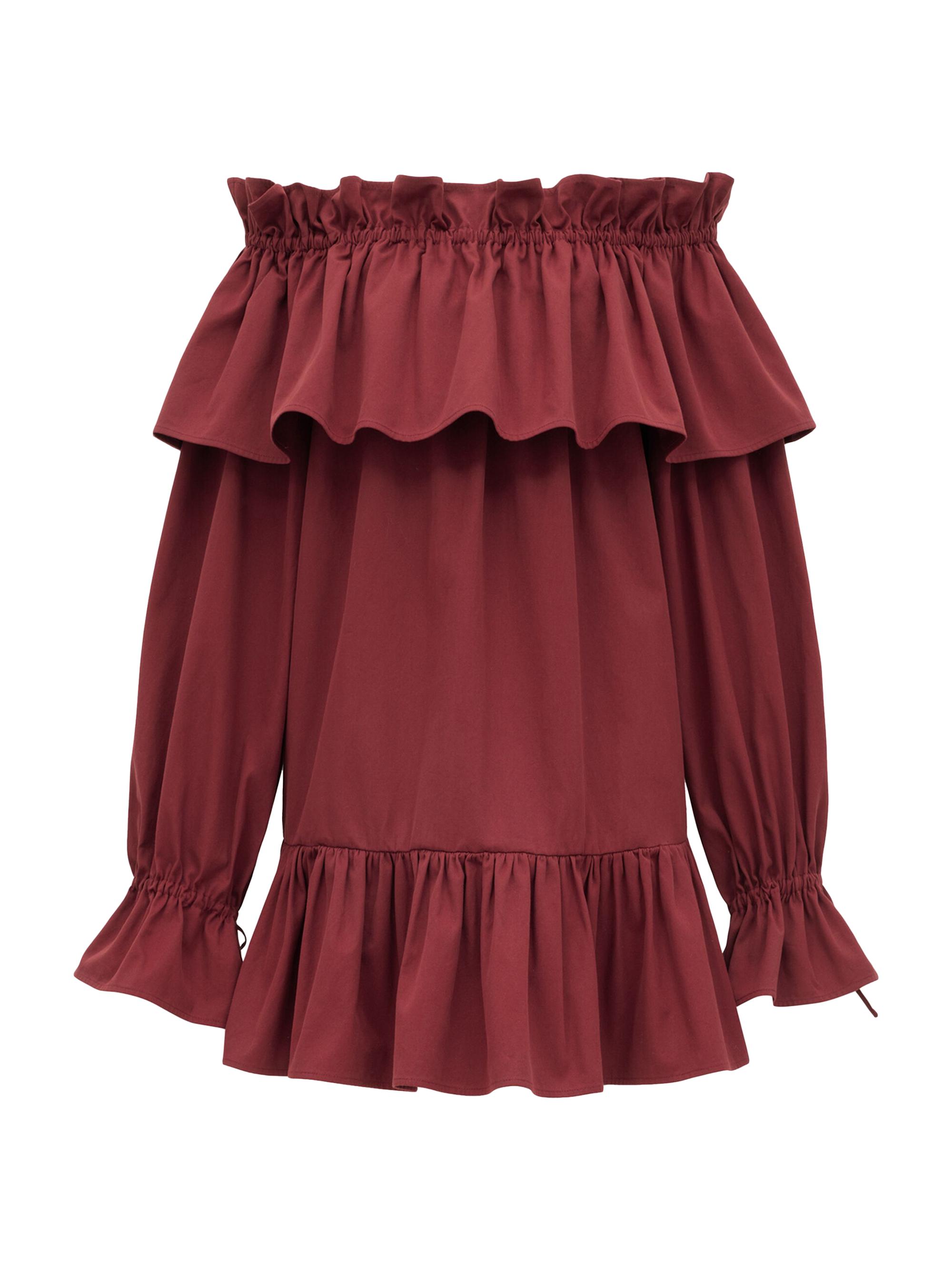 Saint Laurent Women's Ruffled Dress in Cotton Twill - Bordeaux