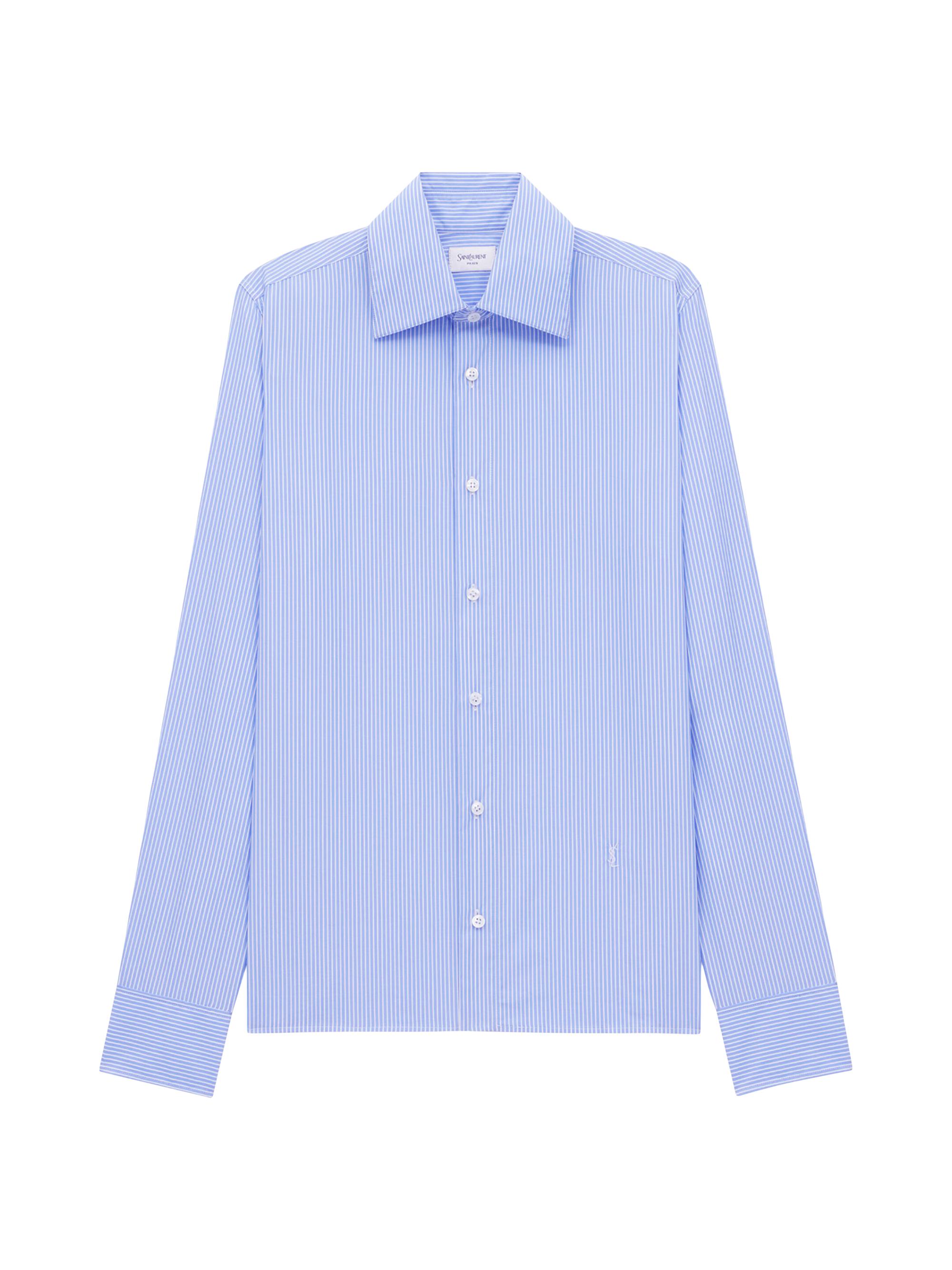 Saint Laurent Women's Cassandre Shirt in Striped Cotton Poplin - Blue Blanc