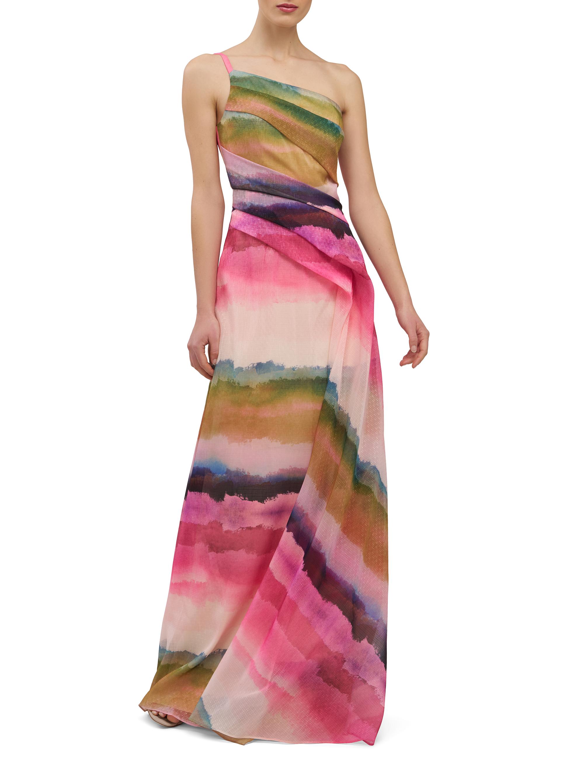 Kay Unger Women's Ombré Stripe Organza One-Shoulder Gown - Pink Coral Multi