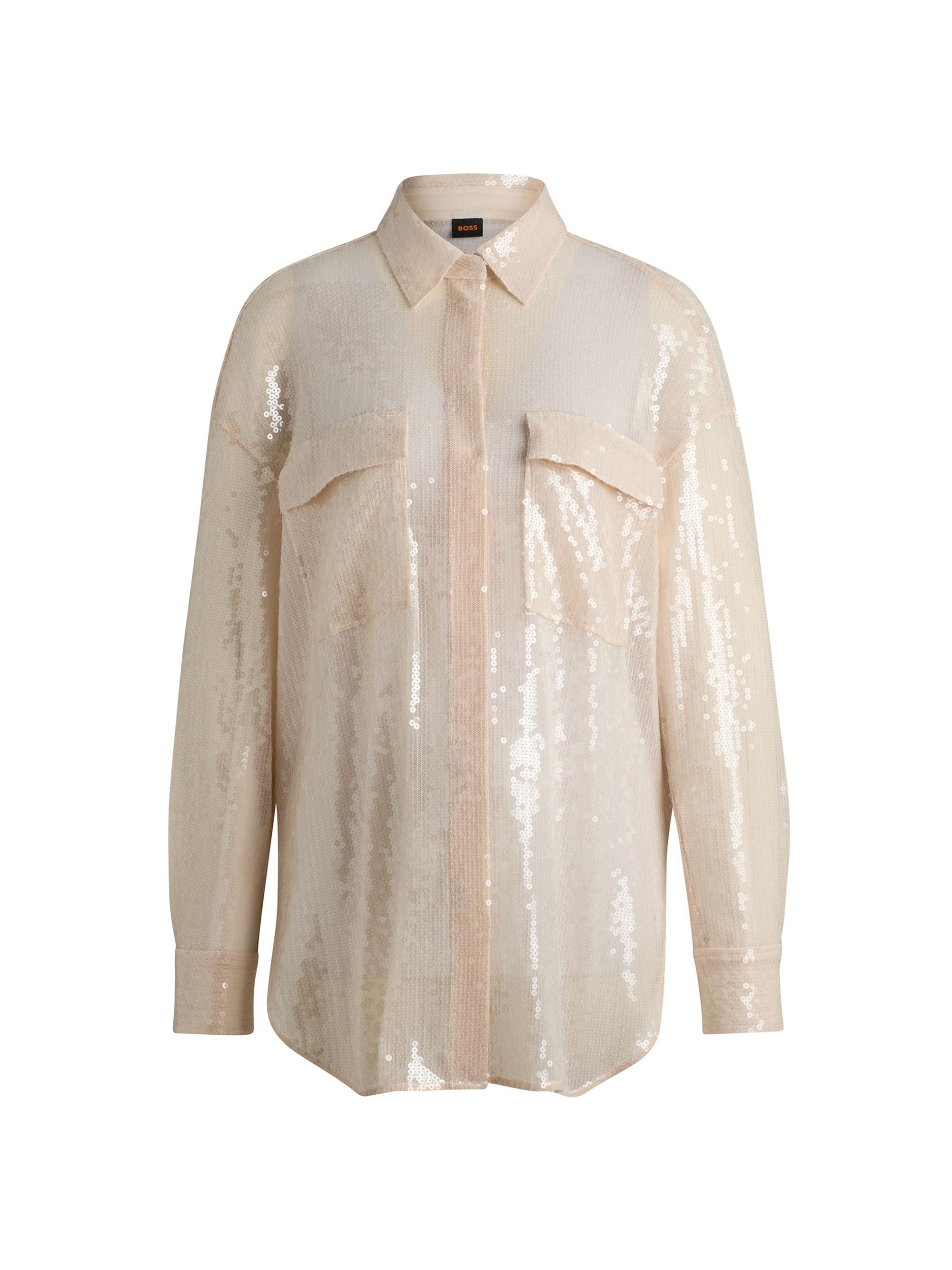 BOSS Women's Relaxed-Fit Blouse with Sequins and Point Collar - Orange