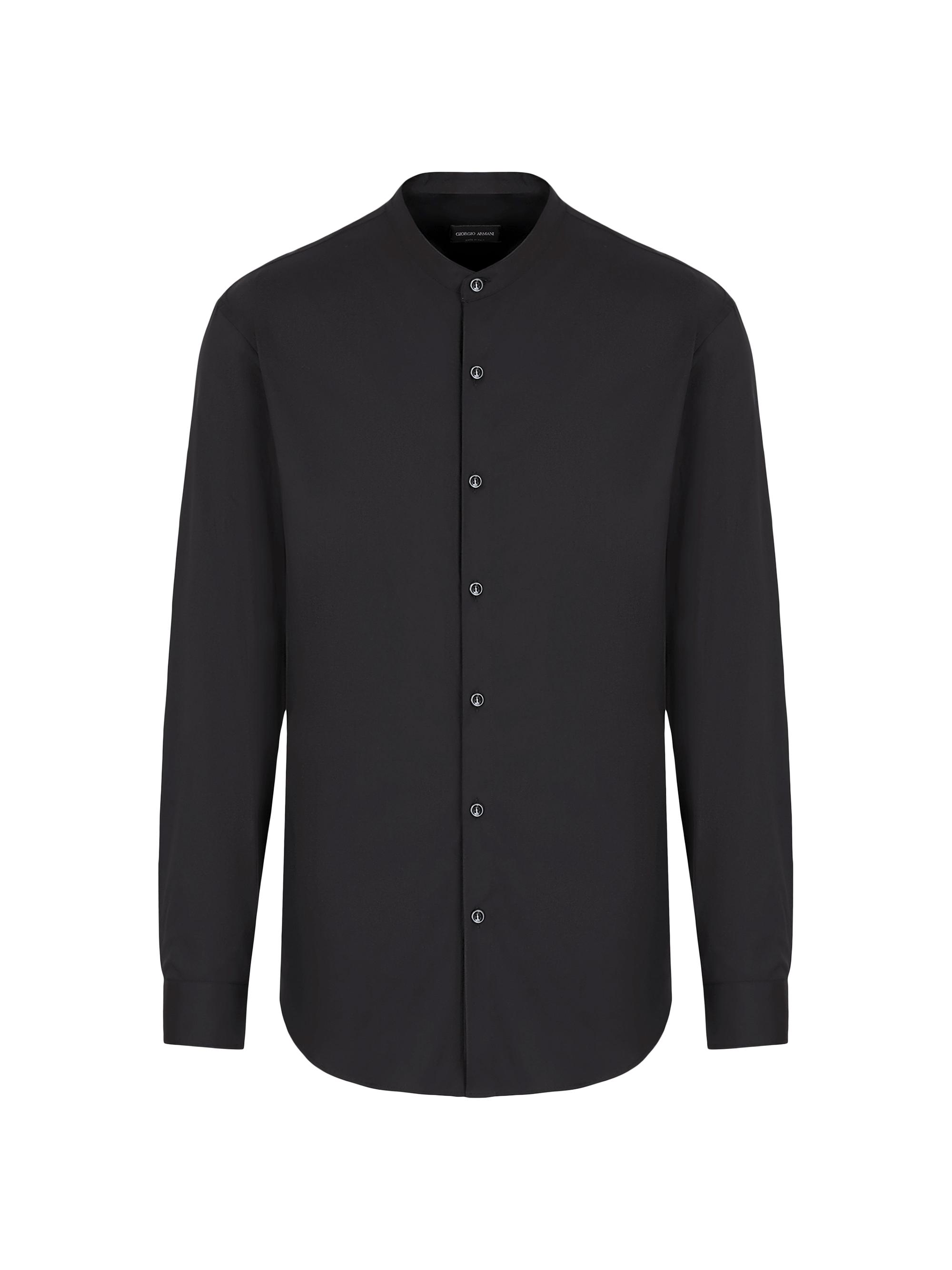 Giorgio Armani Men's Popeline Banded Collar Stretch Cotton-Blend Shirt - Nero