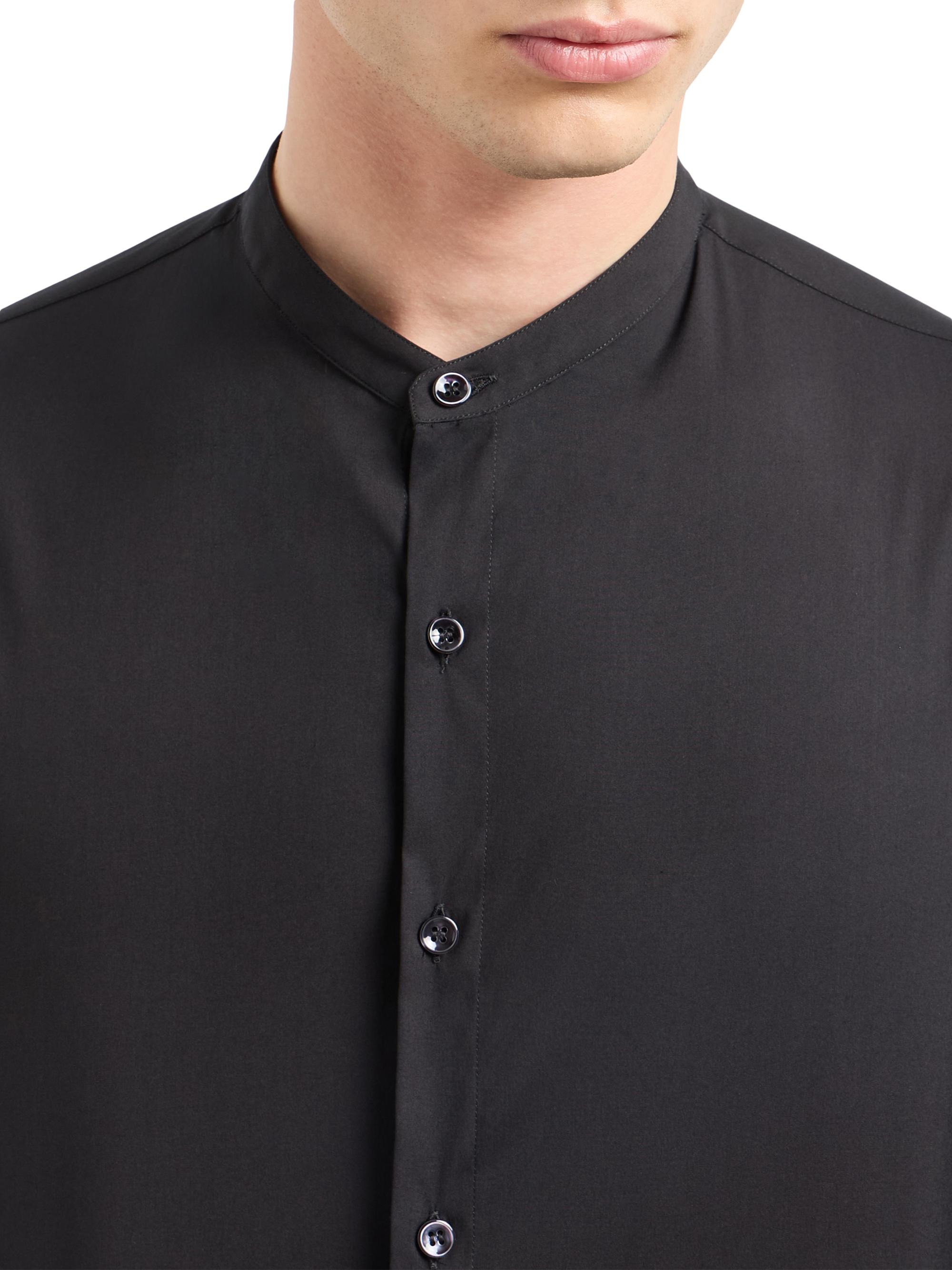 Men's Popeline Banded Collar Stretch Cotton-Blend Shirt Nero