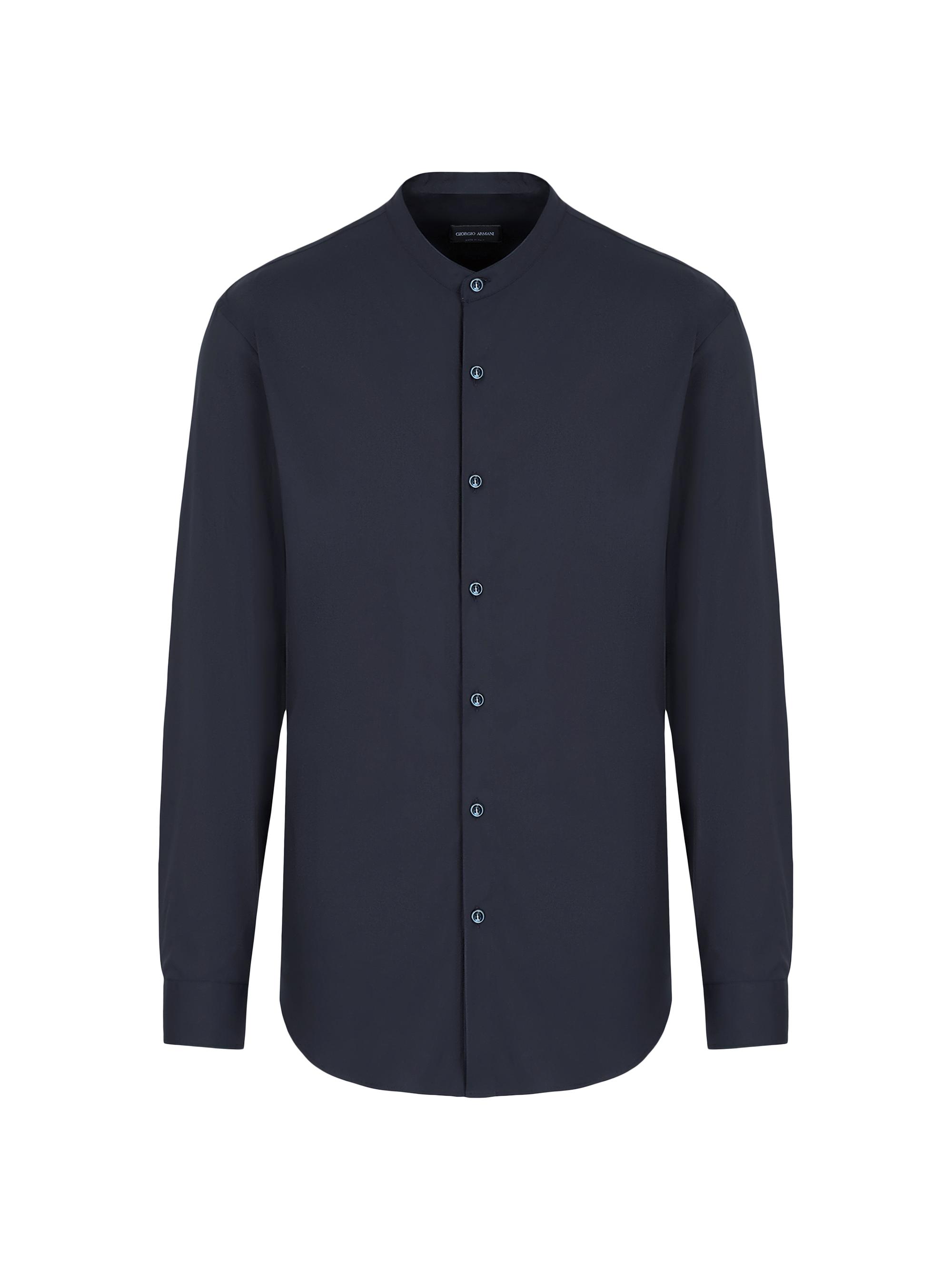 Giorgio Armani Men's Popeline Banded Collar Stretch Cotton-Blend Shirt - Blue