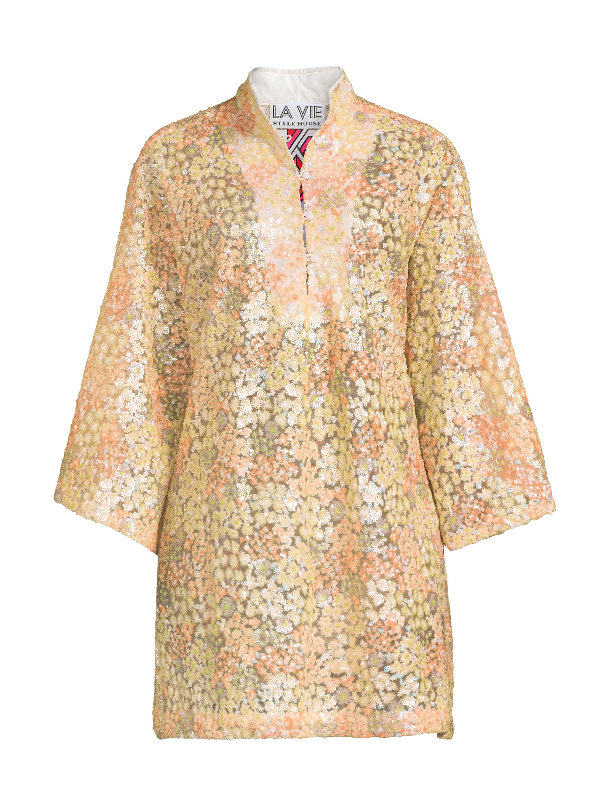 La Vie Style House Women's Cluster Sequin Mini Caftan - Peach Green