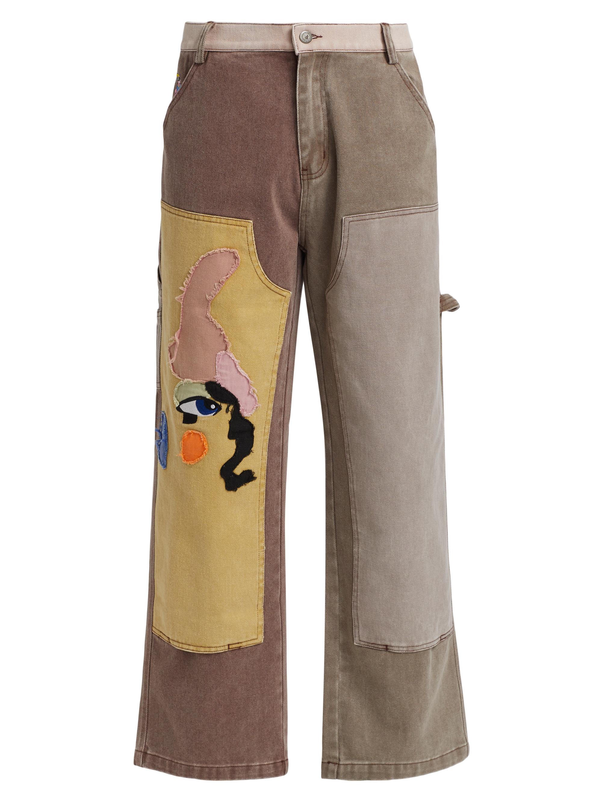 KidSuper Men's Patchwork Face Double Knee Pants - Brown Multi