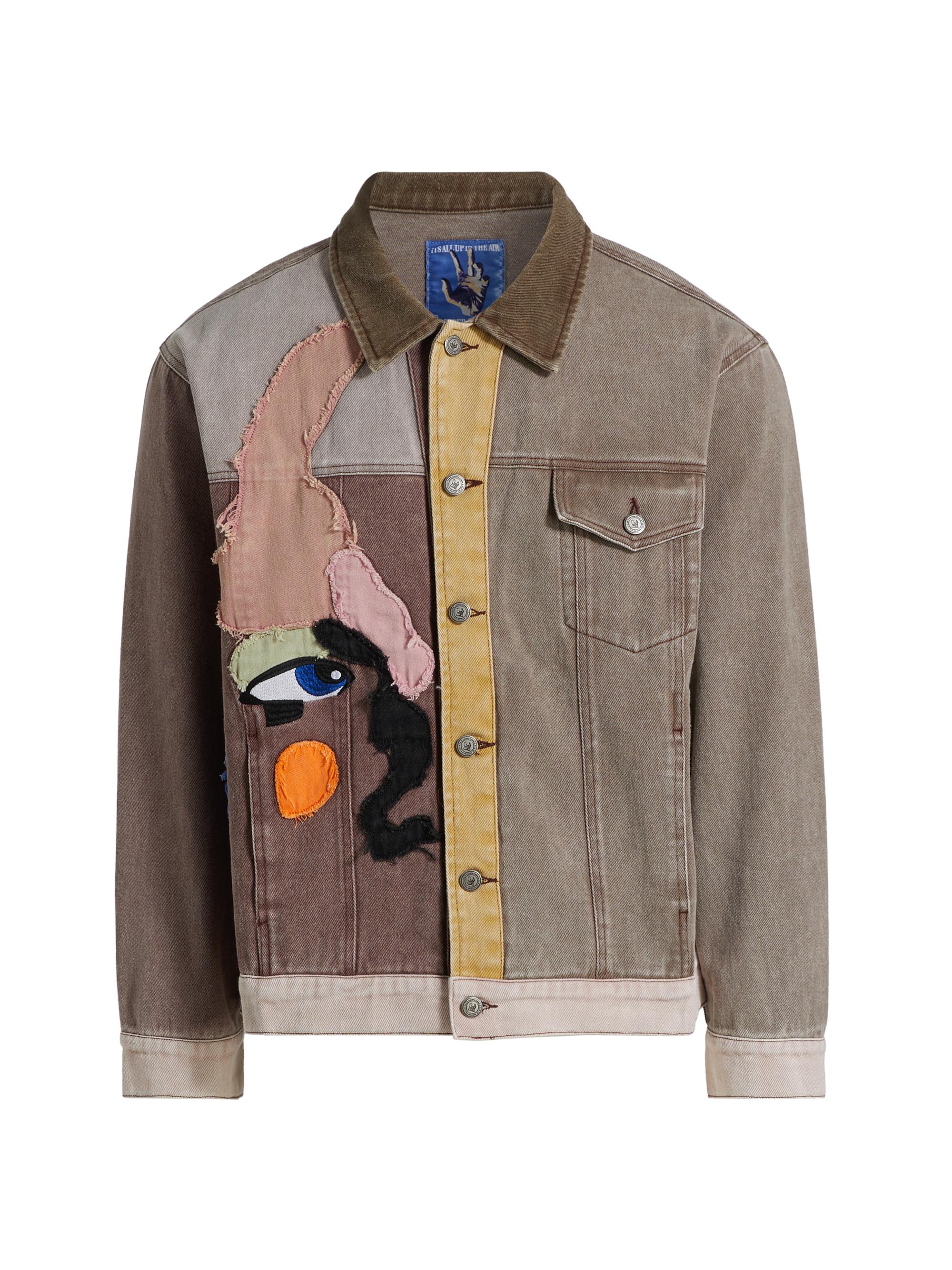 KidSuper Men's Patchwork Face Colorblocked Denim Trucker Jacket - Brown Multi