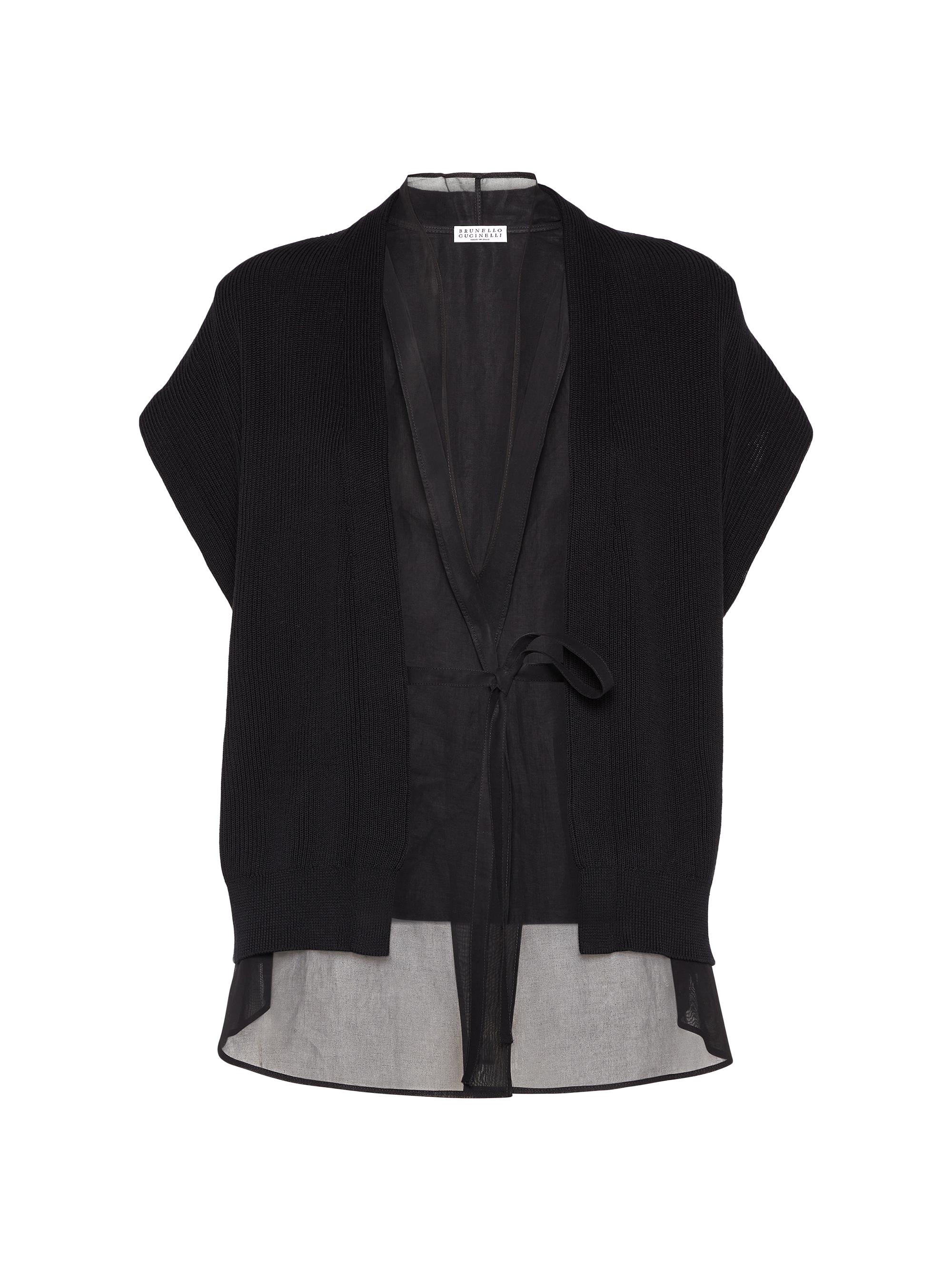 Brunello Cucinelli Women's Cotton English Rib Knit and Organza Layered Cardigan - Black