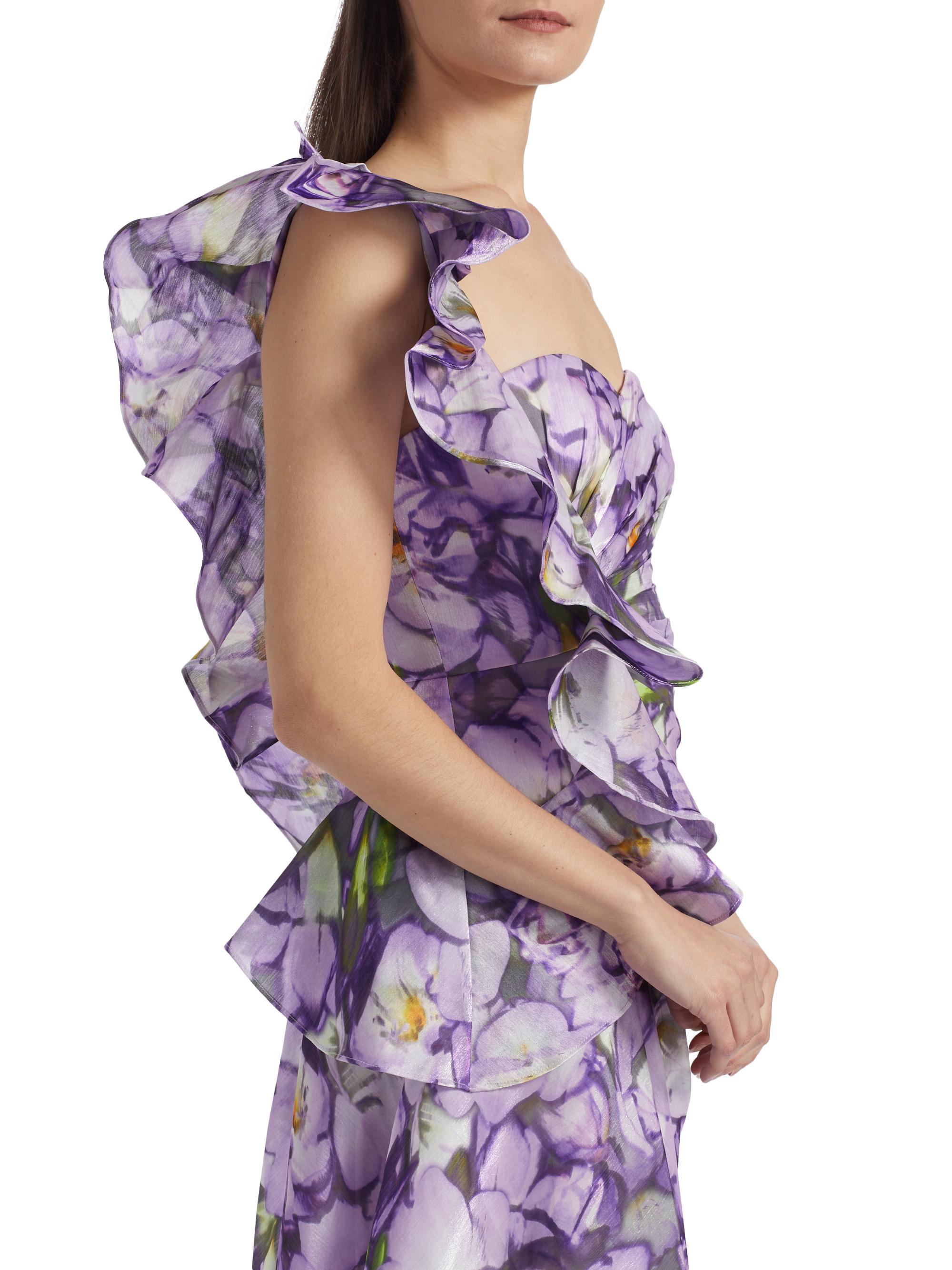 badgley mischka one shoulder ruffle dress Badgley Mischka Ruffle One Shoulder Floral Gown, Size: 2
