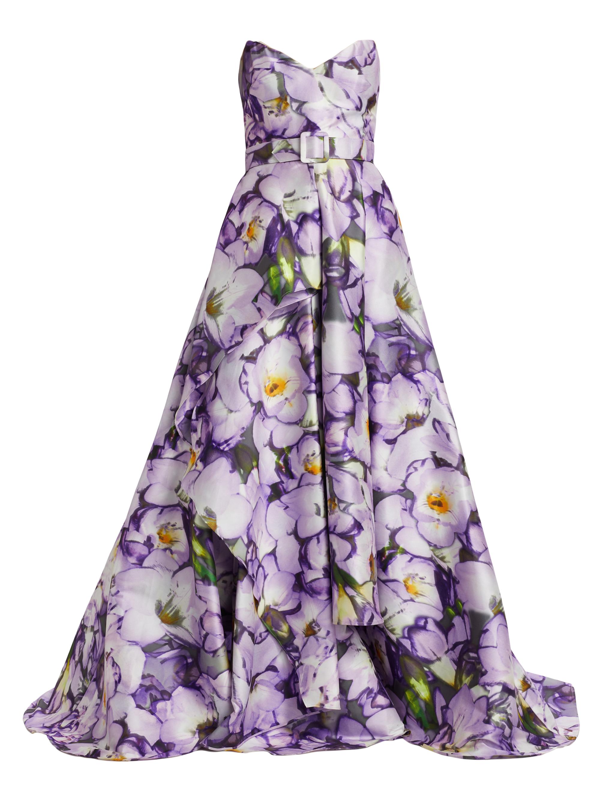 Badgley Mischka Women's Floral Mikado Strapless Fit & Flare Gown - Lilac Multi