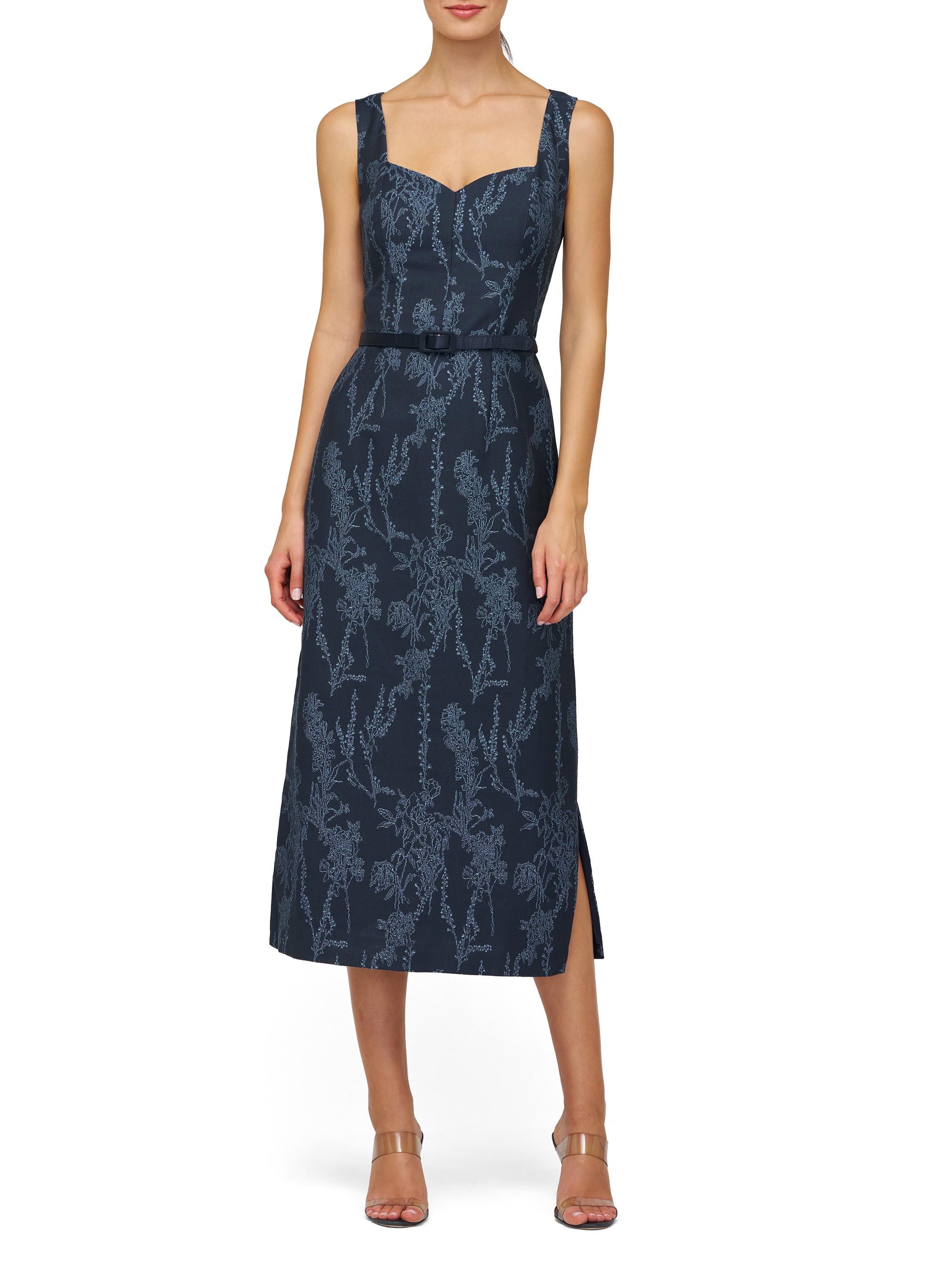Kay Unger Women's Drew Jacquard Belted Sheath Midi-Dress - Dark Midnight Stone Blue