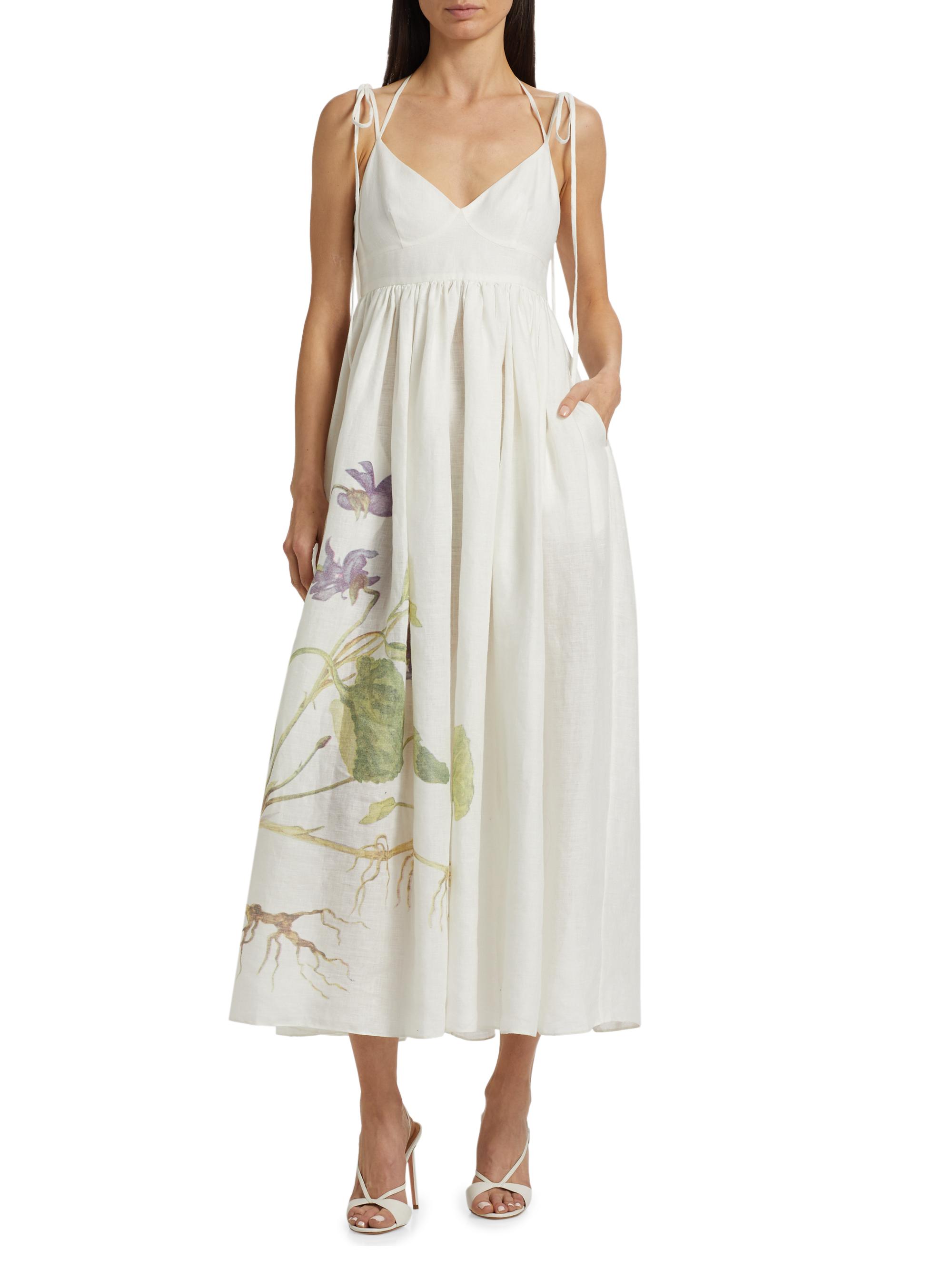 chinese dress ladies Strappy Gathered Midi Dress in Linen Stripes  Reistor