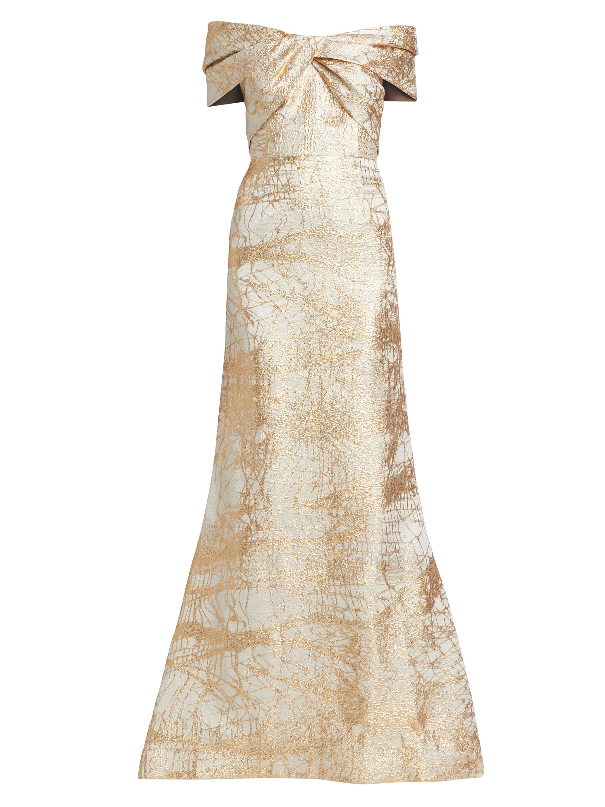 Teri Jon by Rickie Freeman Women's Metallic Jacquard Off-The-Shoulder Mermaid Gown -  Gold