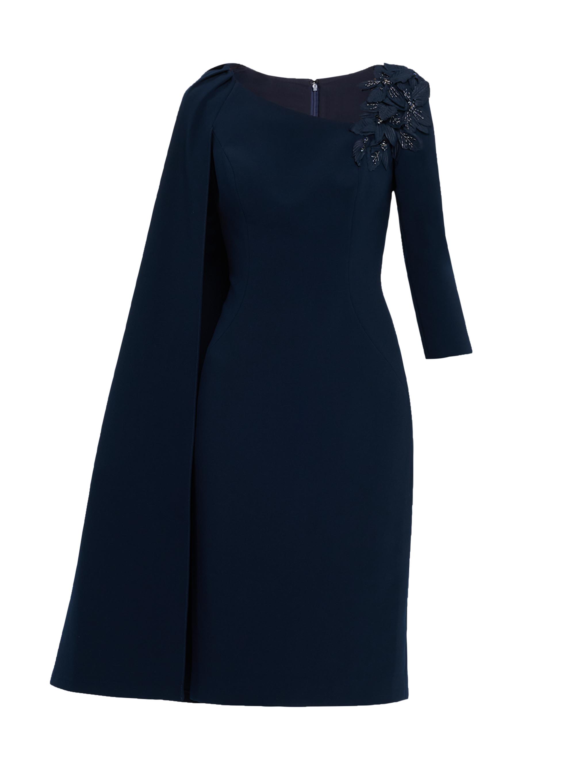 Teri Jon by Rickie Freeman Women's Cape-Sleeve Crepe Asymmetric Knee-Length Dress - Navy
