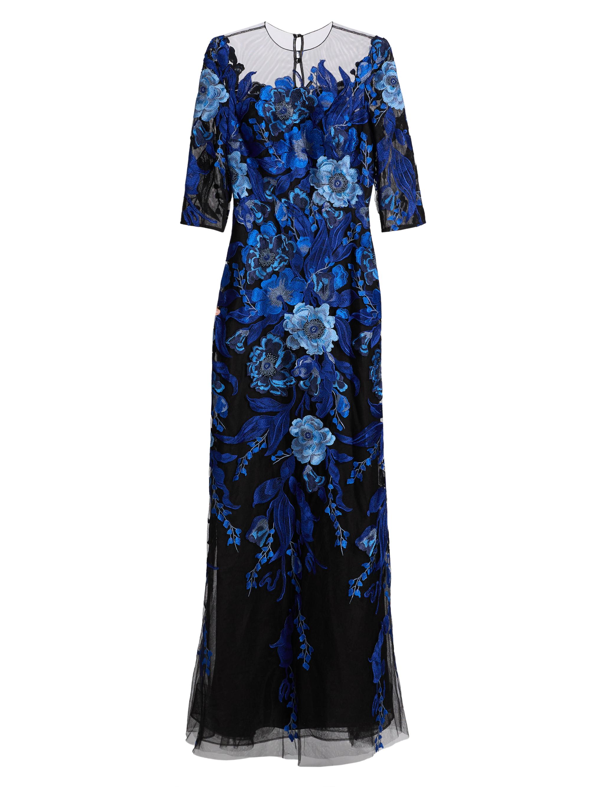 Teri Jon by Rickie Freeman Women's Floral-Embroidered Tulle Trumpet Gown - Blue Multi