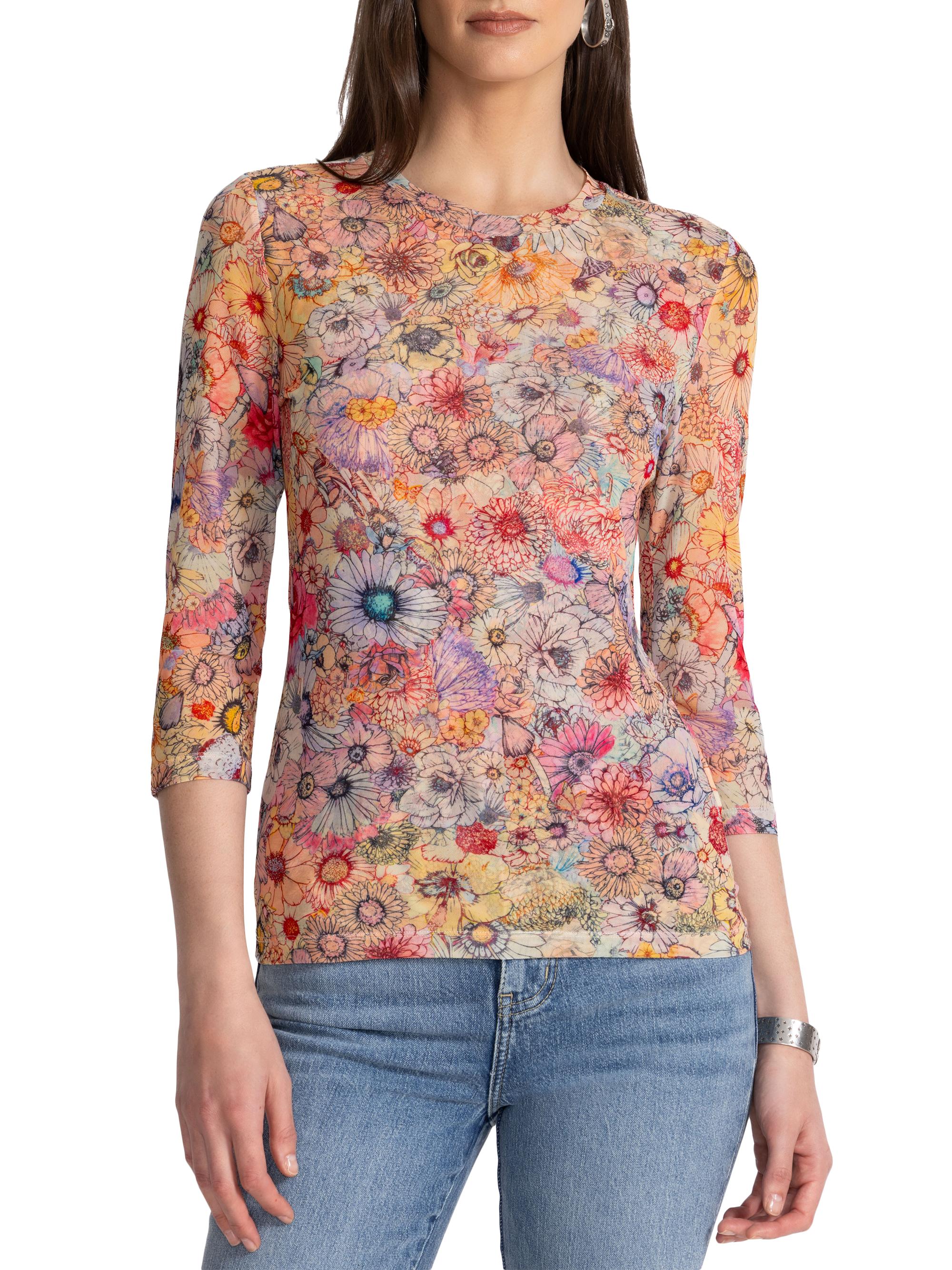 Johnny Was Women's Three-Quarter Printed Mesh Top - Sage Pink Floral