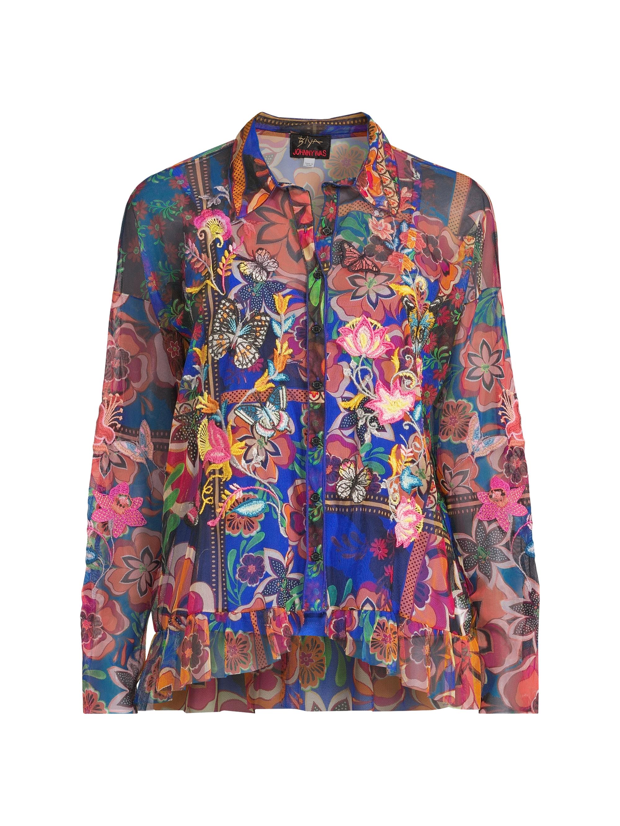 Johnny Was Women's Mazzy Printed Mesh Button-Front Shirt - Jay Block
