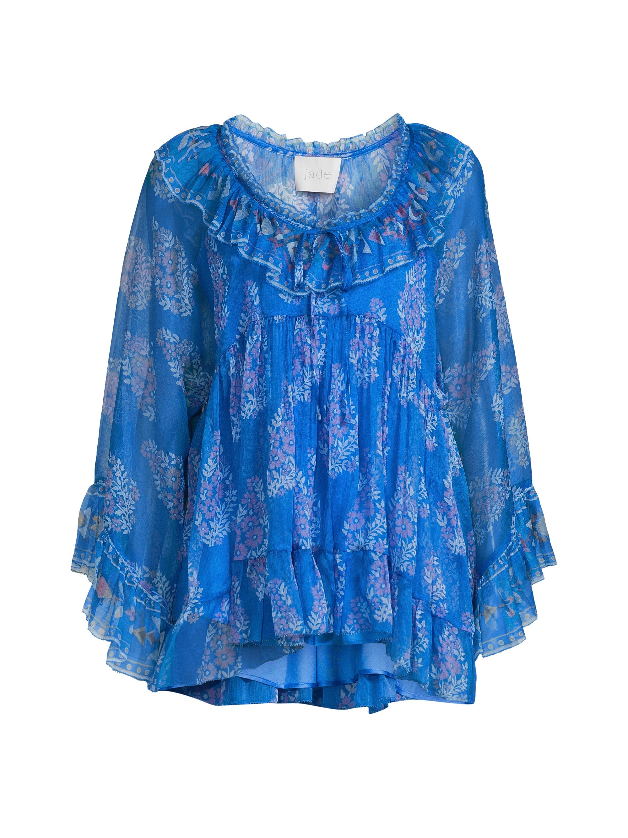 新品★YILON イロン TIE PEPLUM LACE BLOUSE BLUE Ocean Fleurs Print Eyelet Puff Sleeve Tie Waist Peplum Blouse