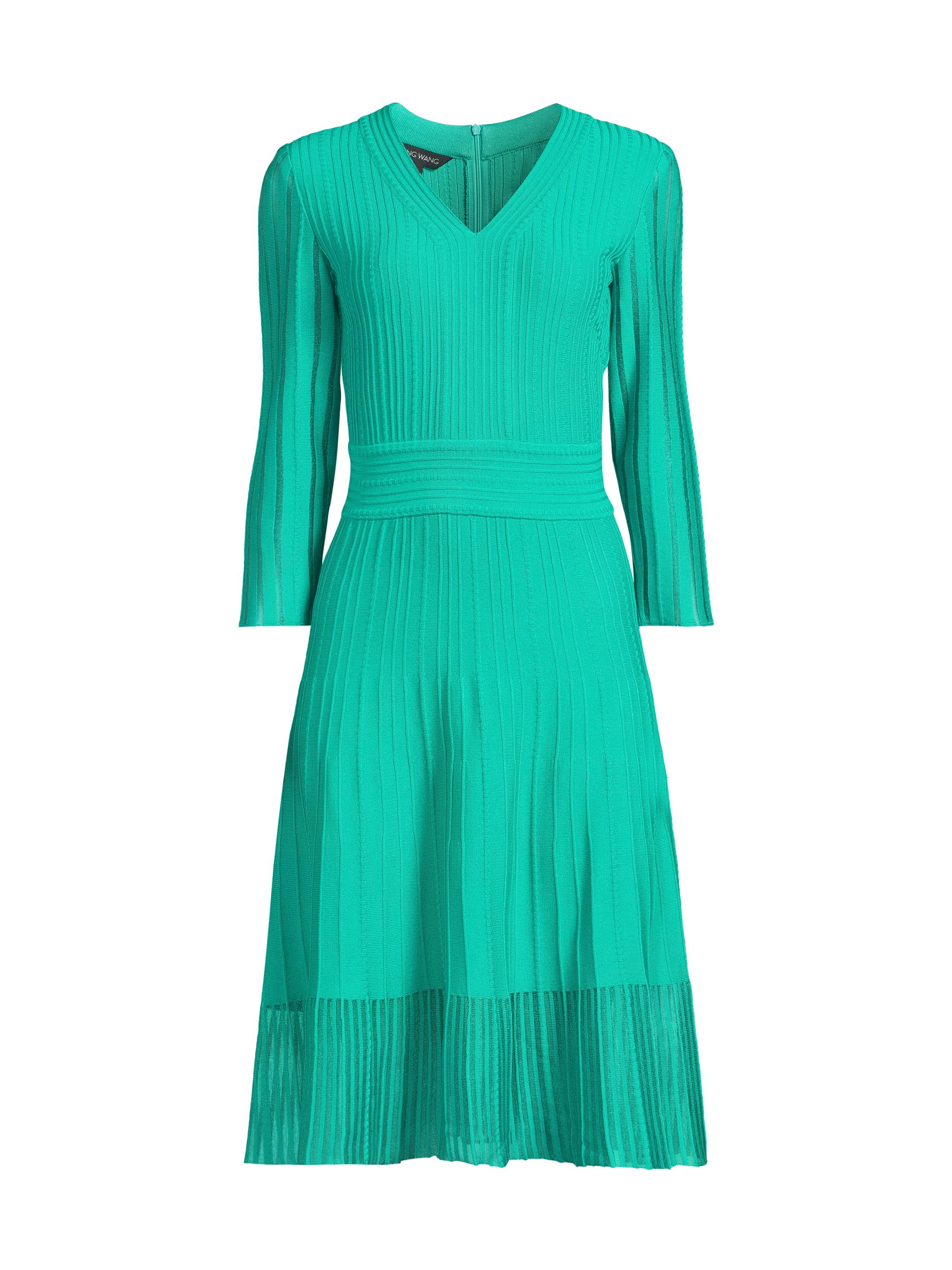 Ming Wang Women's Pleated Knit V-Neck Midi-Dress - Emerald Awe