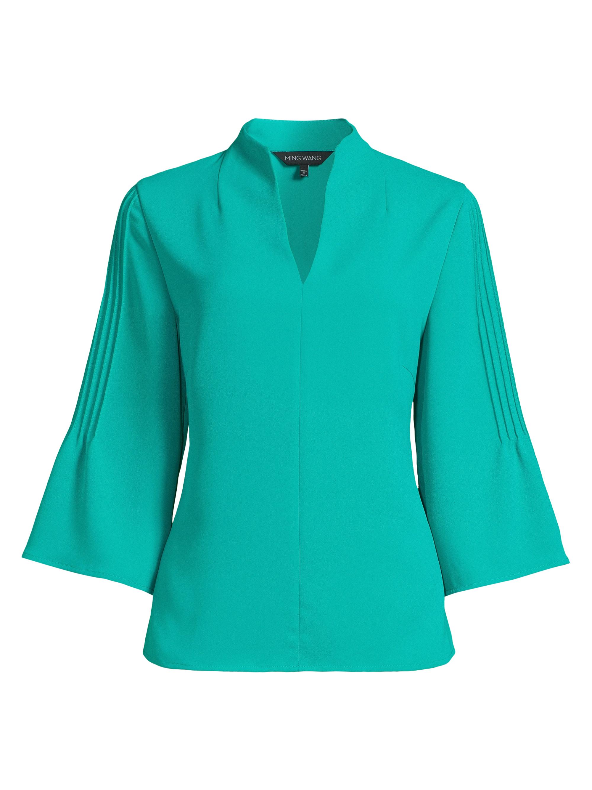 Ming Wang Women's Crepe de Chine Pintucked V-Neck Blouse - Emerald Awe